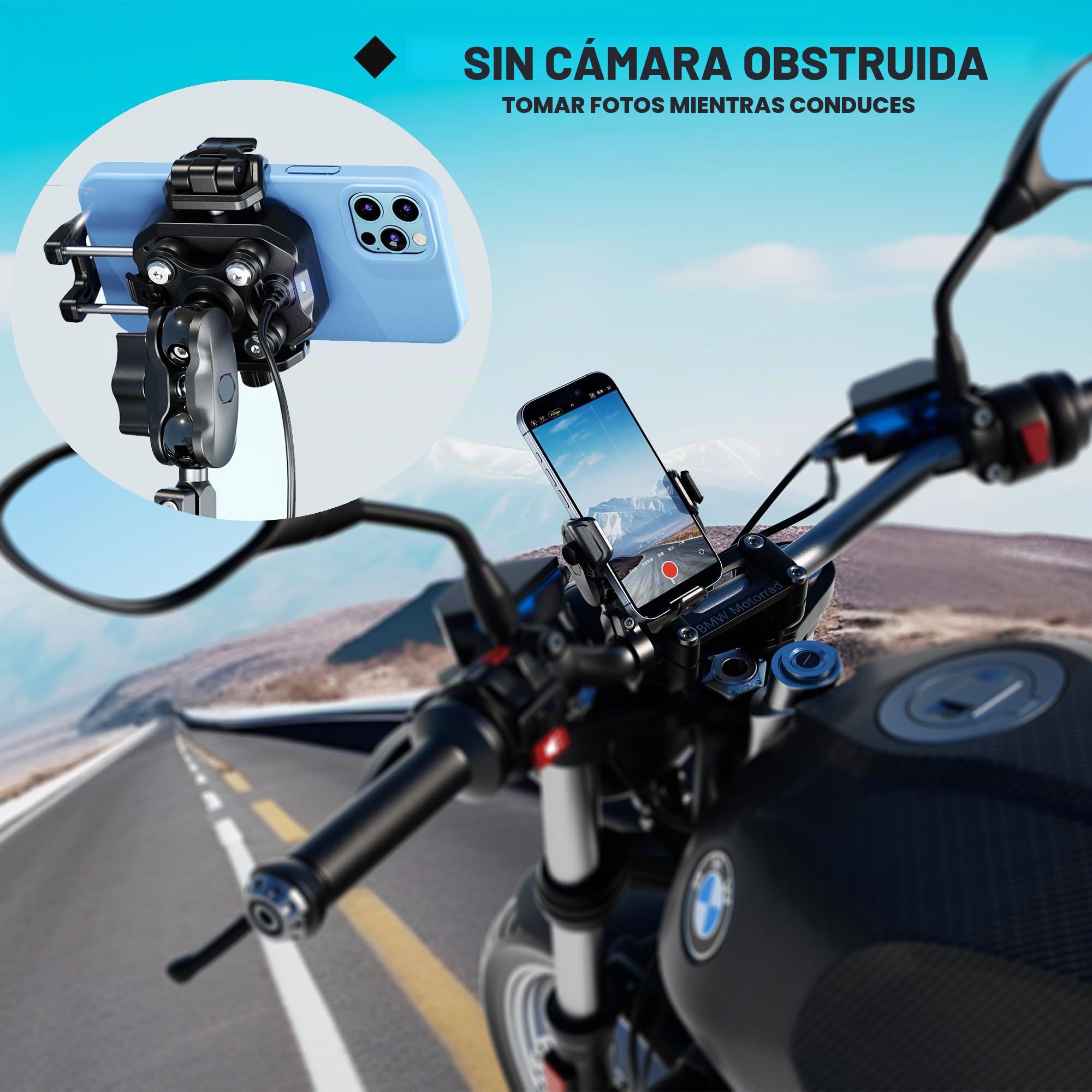 iMESTOU Soporte Inalámbrico USB C para Motocicleta, Antivibración, Bola de 25MM Soporte para Teléfono Qi Adecuado para Teléfonos de 5.2"-7.2" de Grosor hasta 15mm de Grosor para Manillares de 22-32mm