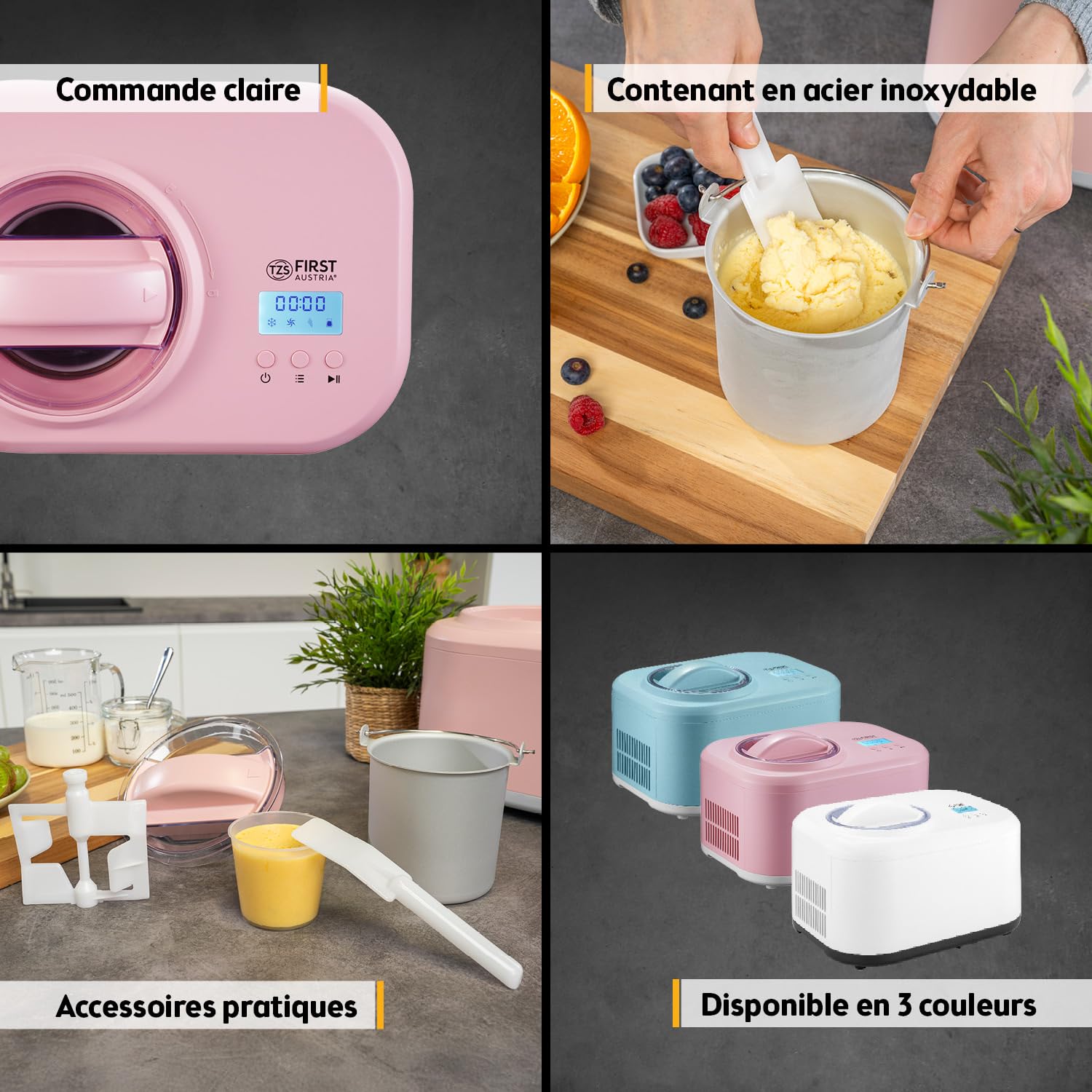 TZS First Austria - Sorbetière 1L avec Compresseur 3-en-1-100W Machine à Glace Auto-Réfrigérante - Pour Frozen Yogurt, Sorbet & Glace - Cuve Inox - Rose