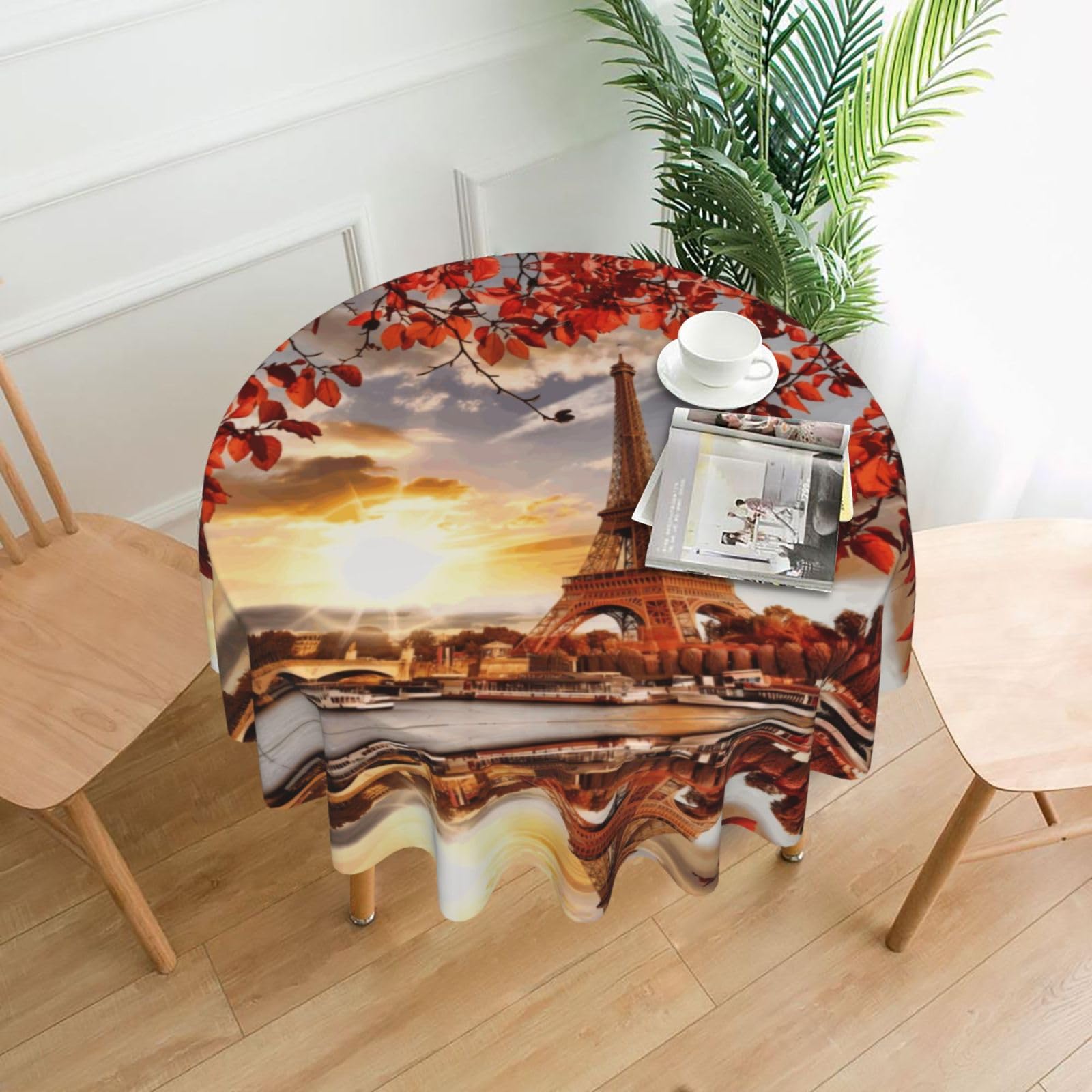 YYHHAOFA Paris Eiffel Tower with Autumn Leaves Prints 60in Round Decorative Tablecloth – High-Grade Polyester Throw Cover for Dining, Parties, and Outdoor Events