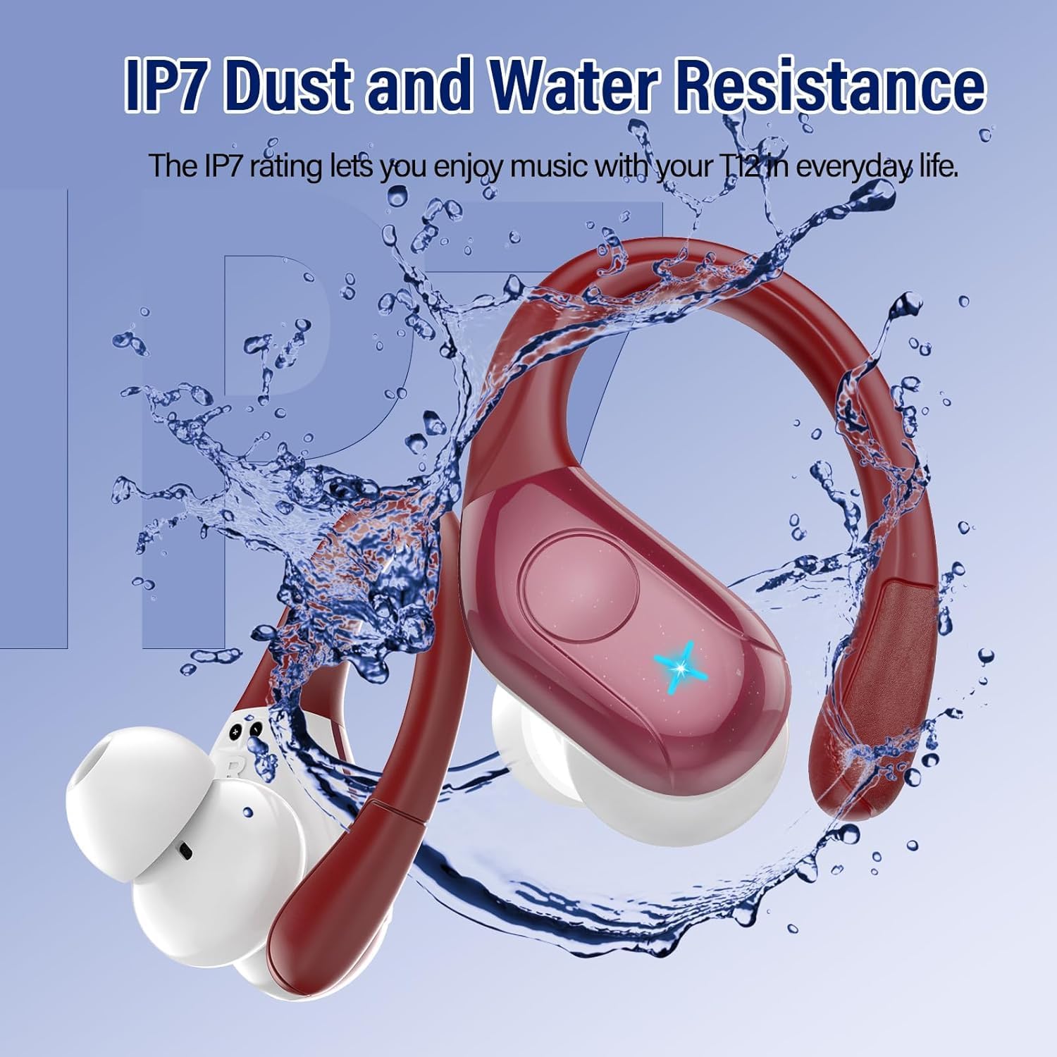 Wireless Earbuds Bluetooth 5.4 Headphones 75H Stereo Deep Bass Sports Over Ear Buds with Earhooks, LED Display Bluetooth Earbuds with 4 ENC Mic, IP7 Waterproof Earphone for Running, Red - Image 7