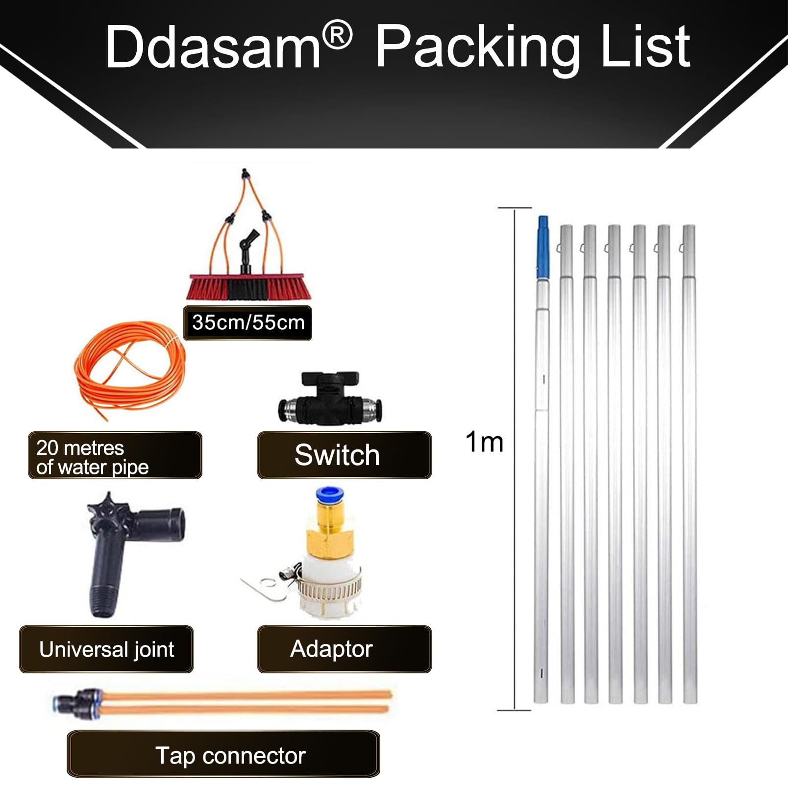 Kit de poste de alimentación de agua de 15 m, poste extensible de aluminio con cepillo de limpieza de ventanas y arandela pulverizadora, perfecto para limpieza de ventanas al aire libre y paneles