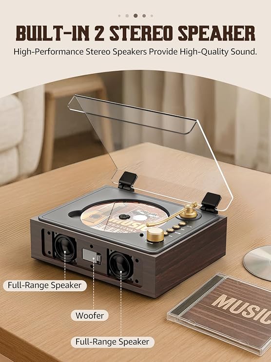 CD Player with Built-in Speakers Bluetooth Retro Portable CD Players for Home Music Player with Remote Control Headphone Jack Walnut Brown