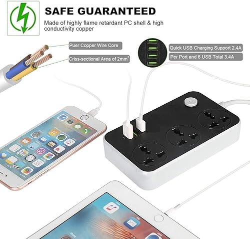 Miniatura 7 de Fantasi Regleta de alimentación con puertos USB, 6 tomas, cable de 6.5 pies, disyuntor de 2500 W, puerta segura para niños, negro