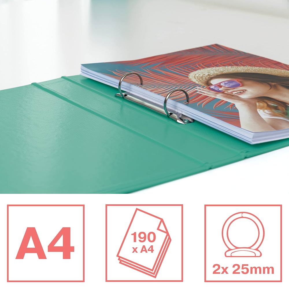 Leitz Esselte Ring Binder, 190 Sheet Capacity, 42mm Spine, 2 Ring A4 Folder, Hard Cover File, Home/Office Use, Embossed Pattern, Colour'Breeze Range, Green, 626498