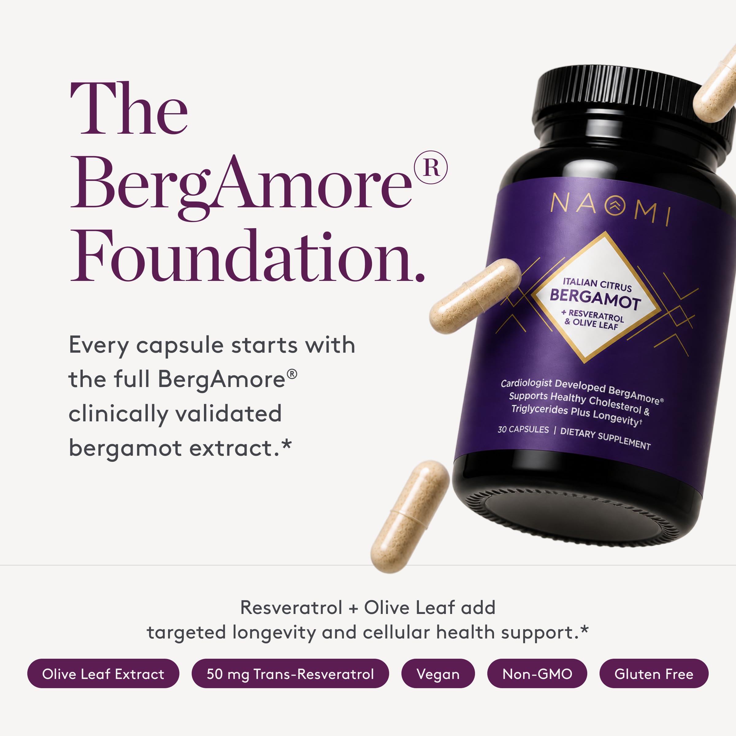 NAOMI Italian Citrus Bergamot 500mg with Resveratrol - Supports Healthy Cholesterol & Triglyceride Levels Already in Normal Range - Patented BergAmore® Extract, 7 Key Polyphenols, 30-Day Supply — Amazon image 7