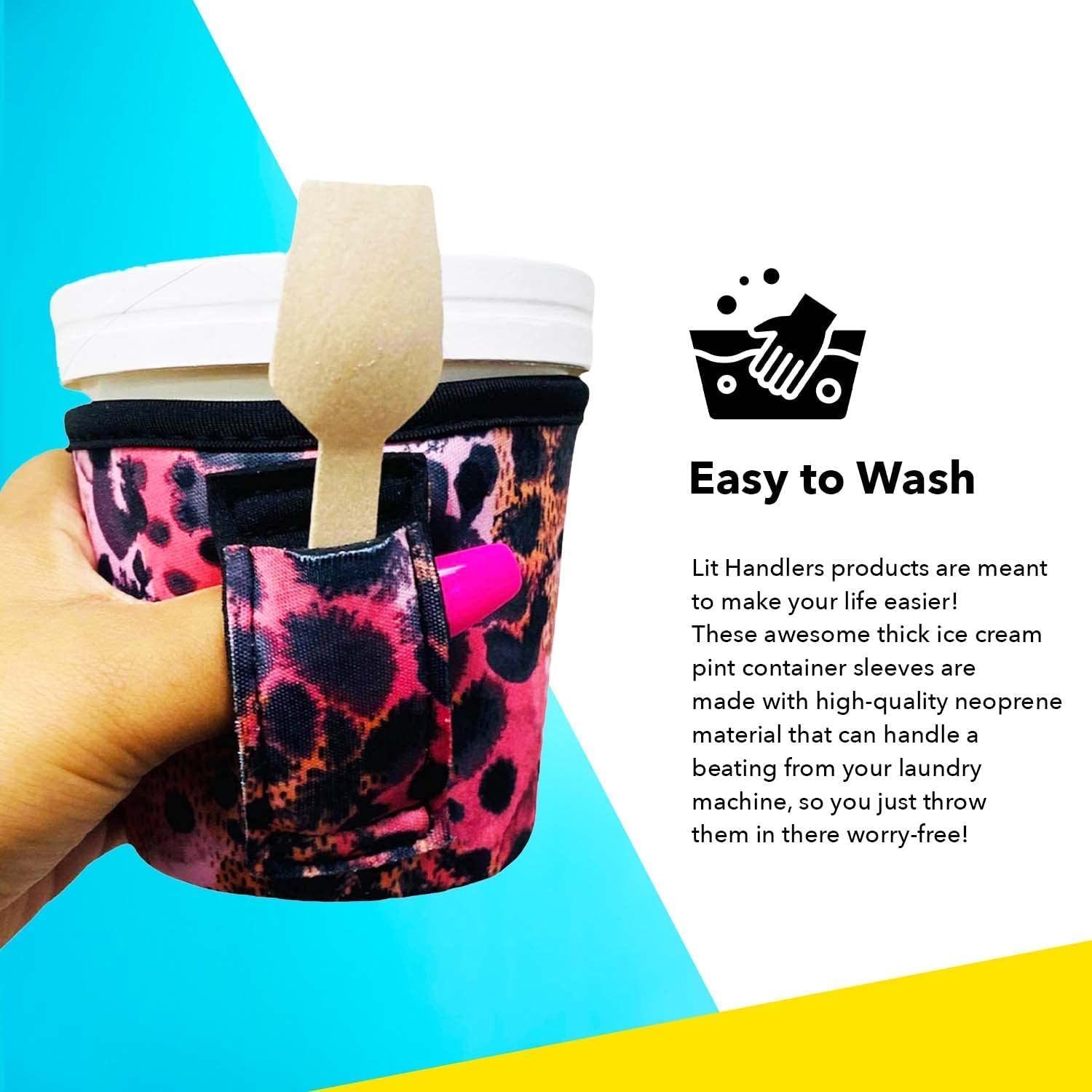 Lit Handlers Eiscreme-Kühlhülle – Neopren-Eiscreme-Pint-Halter mit Griff und Tasche – reißfester Kühler & Behälter – maschinenwaschbar & auslaufsichere Becherabdeckung für Joghurt (Zebra)