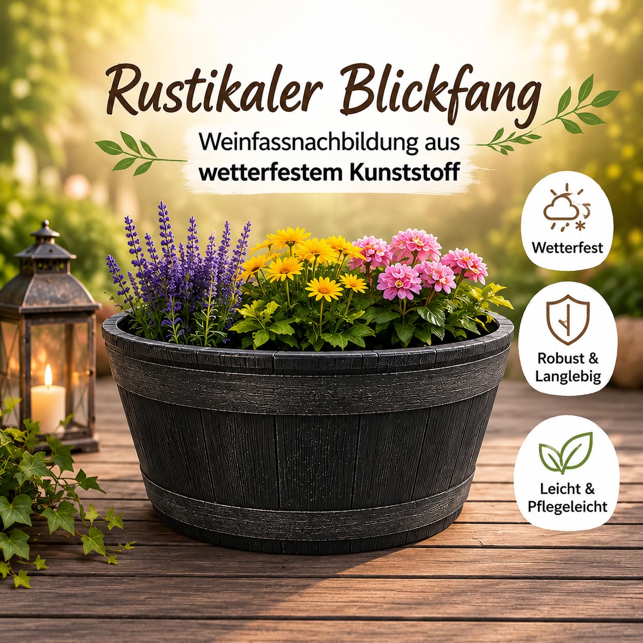 BigDean Weinfass Eichenfass Kunststoff Bottich Blumenkasten Trog Zuber Gartenteich Mini Teich Fass Nachbildung Durchmesser 50 cm Höhe 25 cm ca. 38 Liter