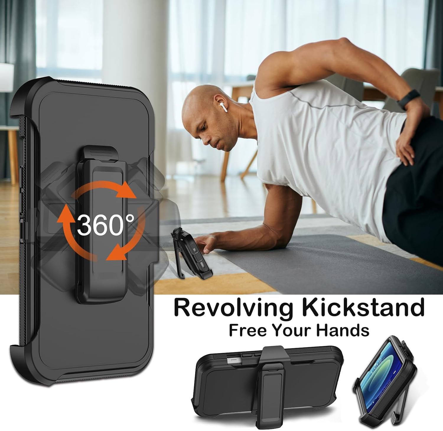 for iPhone 12 Case,iPhone 12 Pro Case with Belt Clip Holster,Built-in Screen Protector,Heavy Duty Shockproof Drop Protection Military Grade Rugged Durable Phone Cover with Kickstand (Black) - Image 5