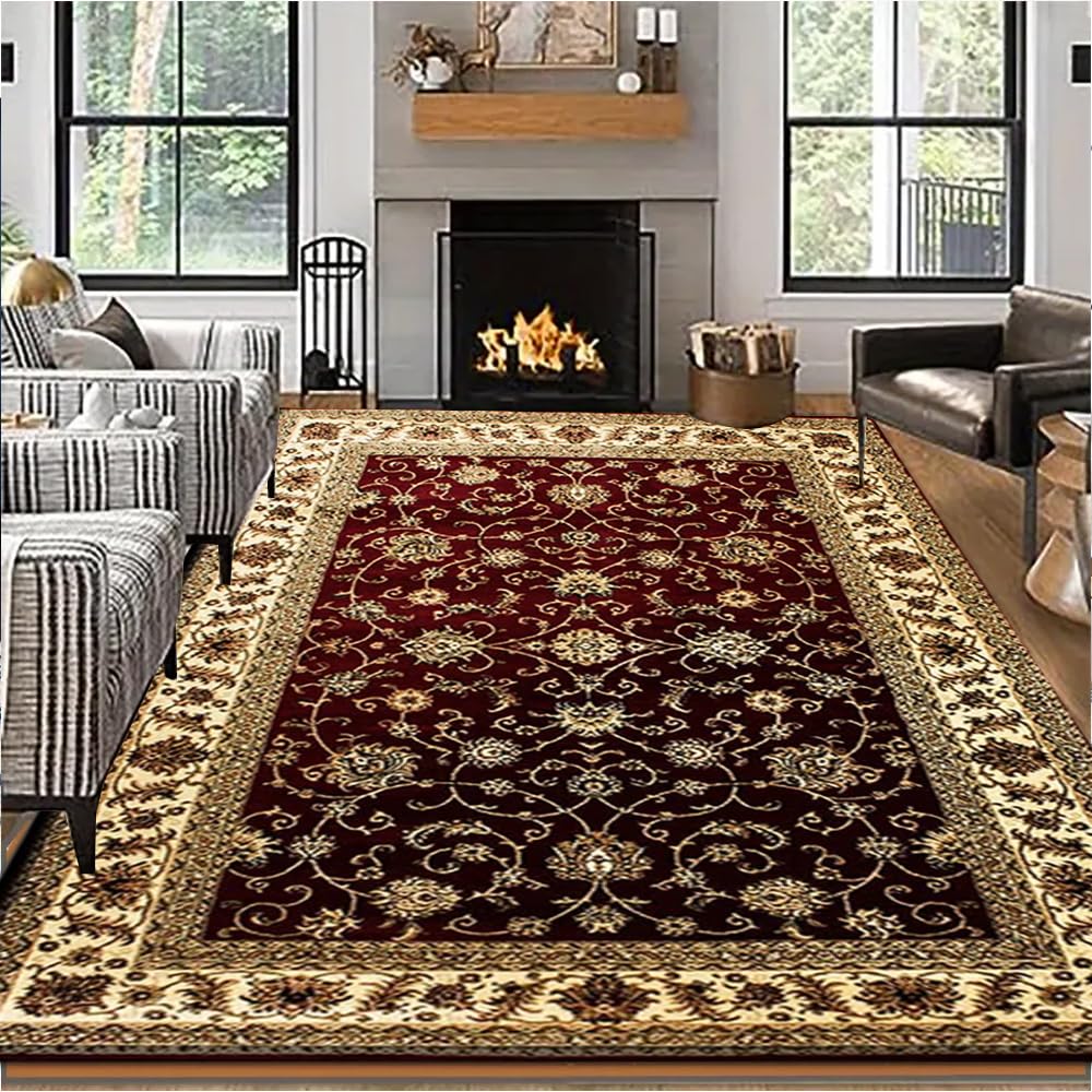 Rugs Inn Marrakesh Area Rugs – Traditional Low Profile Vintage Design Large Rug for Bedroom Dining Room Living Room Kitchen Carpet Mats (Red - 0210, 200 x 290 cm)