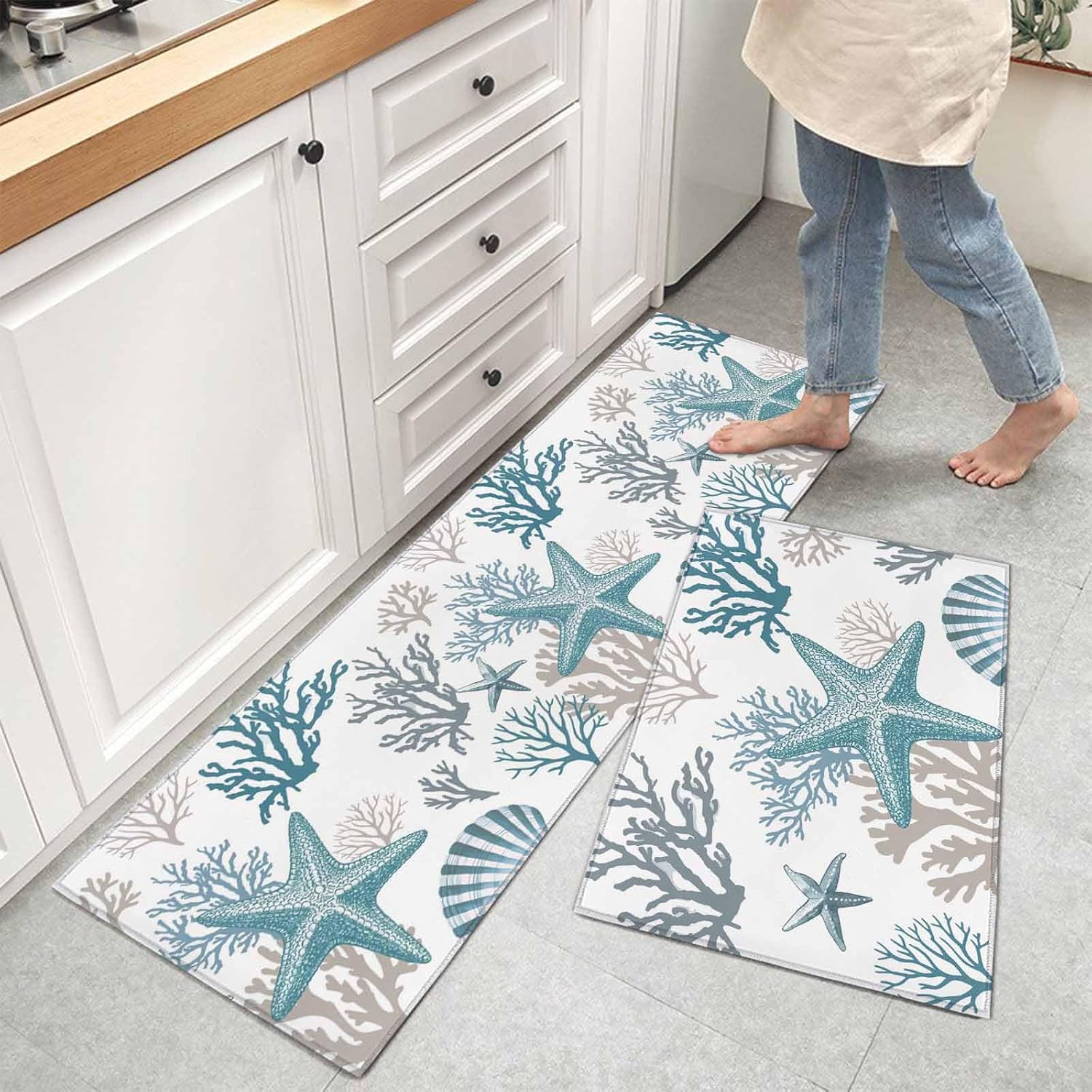 Kitchen Mats for Floor Watercolor Ocean Starfish Coral Washable Non Slip Kitchen Rugs 2PCS, Summer Ocean Theme Shell Absorbent Standing Mats for Sink Office Living Room 15.7x23.6in+15.7x47.2in