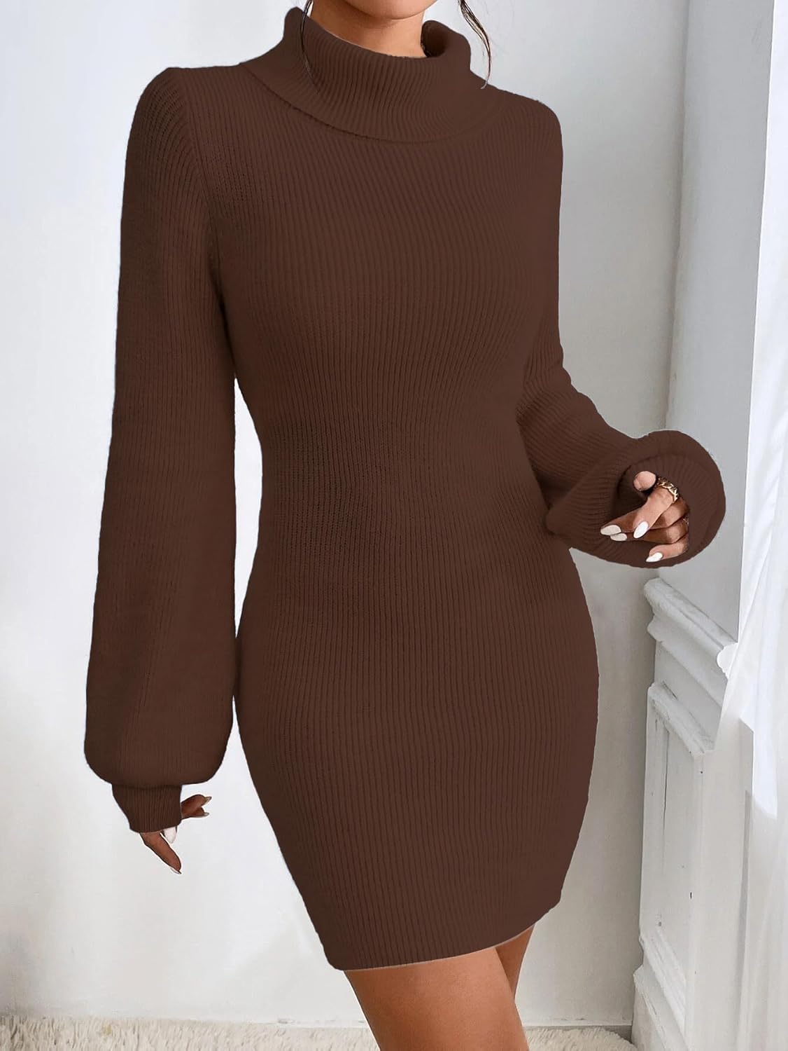 Turtleneck Sweater Dress for Women Lantern Sleeve Bodycon Pullover Mini Sweater Dress Stretchable Elasticity Slim - Image 2
