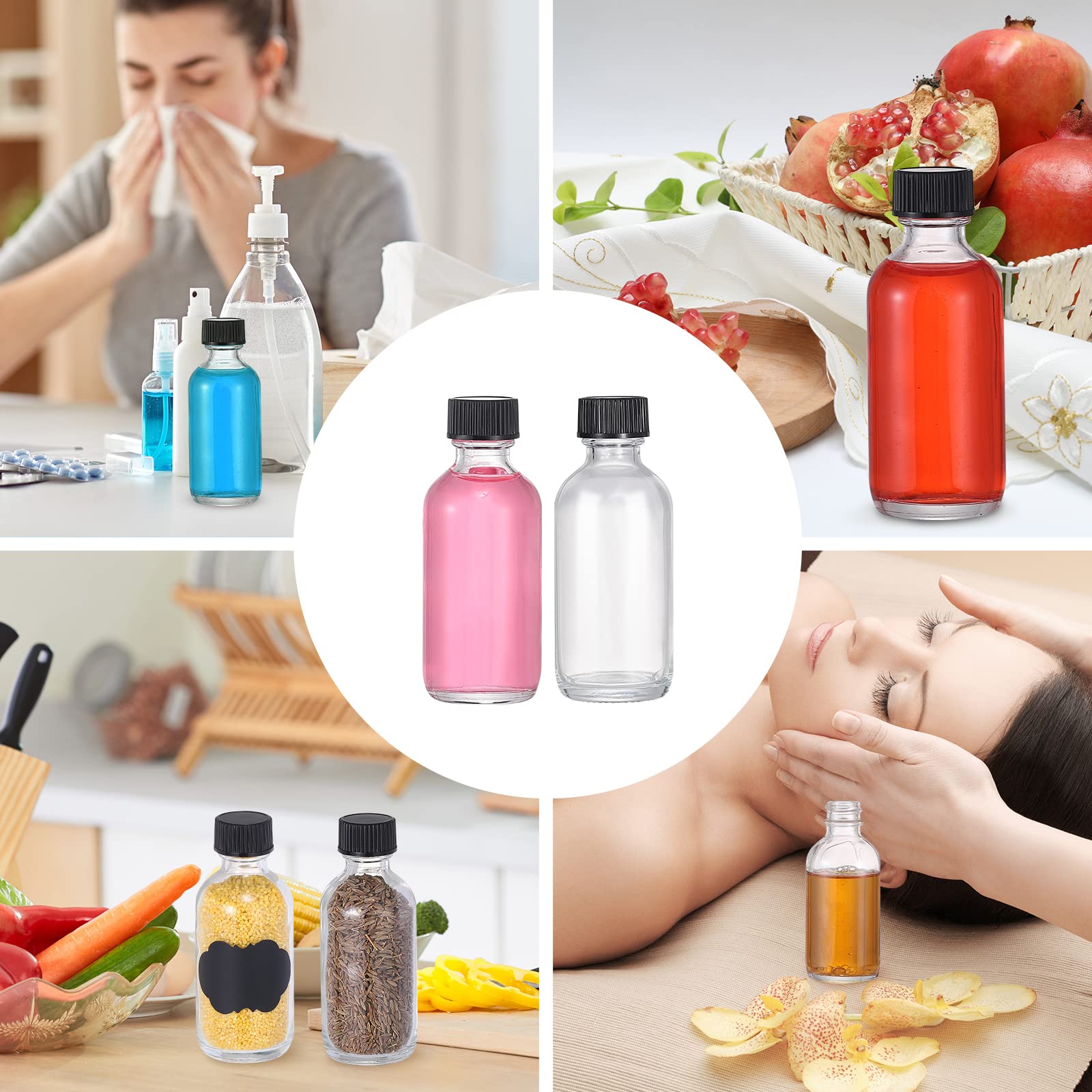 Kit Da 72 Bottigliette In Vetro Da 60 Ml Con Tappo – Boston Rotonde Per Salse, Oli, Profumi – Inclusi Etichette E Imbuti