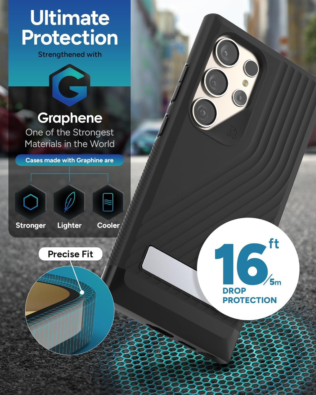 ZAGG Denali Samsung Galaxy S24 Ultra Case with Kickstand - Graphene-Infused Dual Layer Protection, 16ft Drop Resistant, Eco-Friendly Design, Black