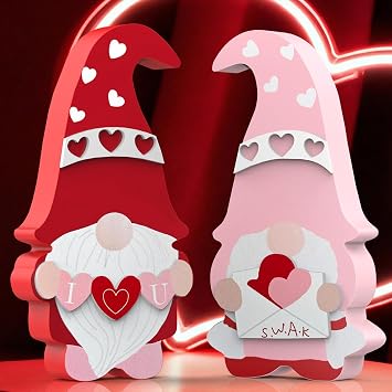OLANRUN Valentines Day Decorations, 2 Pack Wooden 3D Gnomes with Envelope and Hearts, Valentines Home Office Table Sign Decor, 6.9 Inch Valentines Day Decor for Bedroom Mantel Tiered Tray Shelf