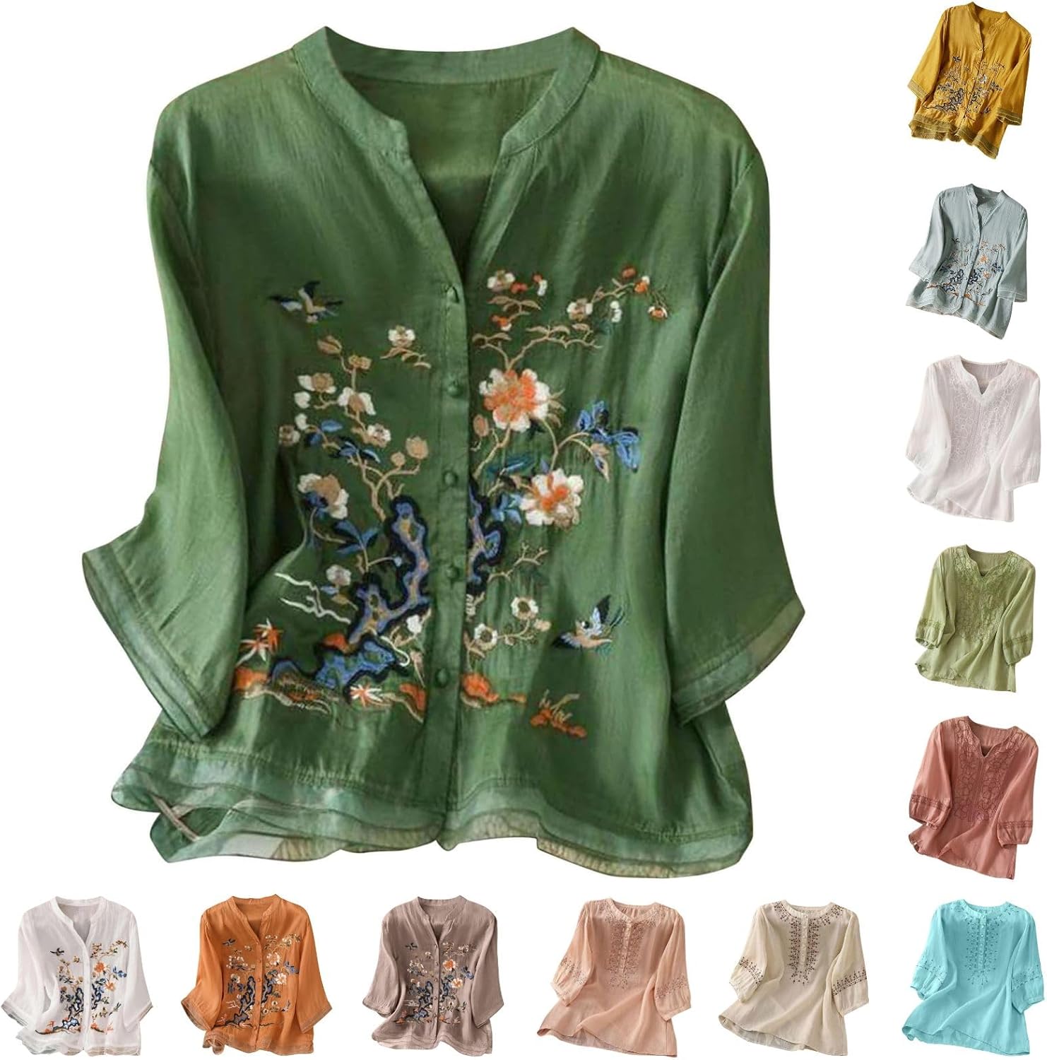 Embroidered Linen Shirts for Women Cotton Gauze Shirt Summer Boho Retro 3/4 Sleeve Dressy Casual Peasant Blouses - Image 4