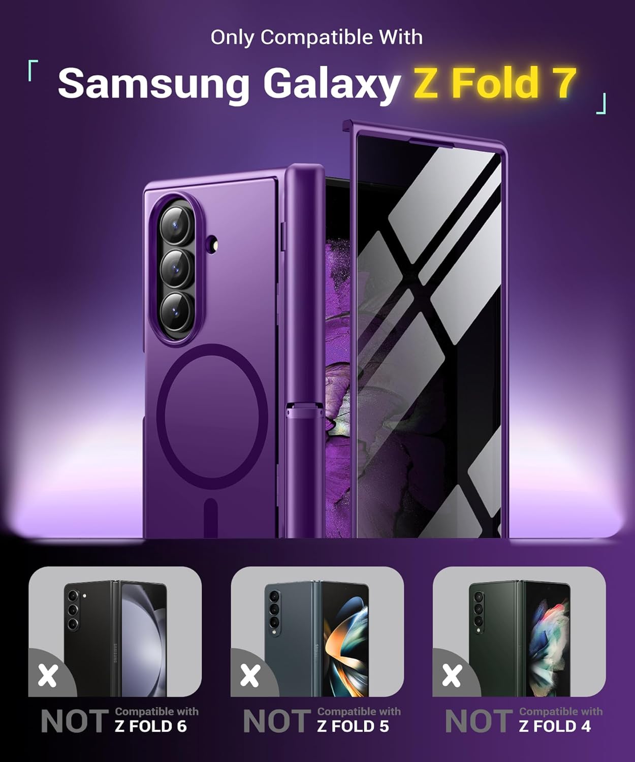 BERFY for Samsung Galaxy Z Fold 7 Case with Privacy Screen Protector, [Compatible with MagSafe][Anti Spy] Built-in Hidden Kickstand, Full-Body Shockproof Slim Phone Case for Z Fold 7, Dark Purple