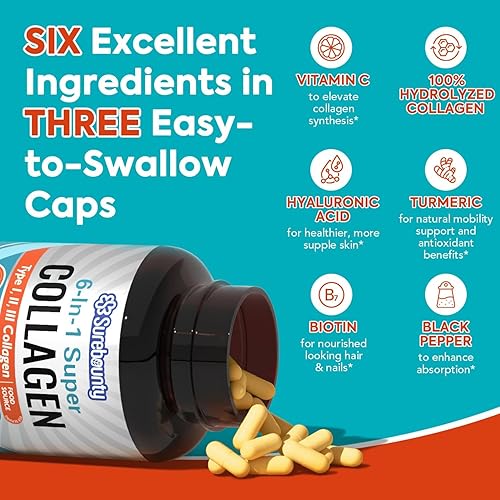 Miniatura 3 de Complejo de colágeno múltiple, tipo I, II, III, 6 en 1 súper colágeno con vitamina C, ácido hialurónico, biotina, cúrcuma, pimienta negra, ceto, 90