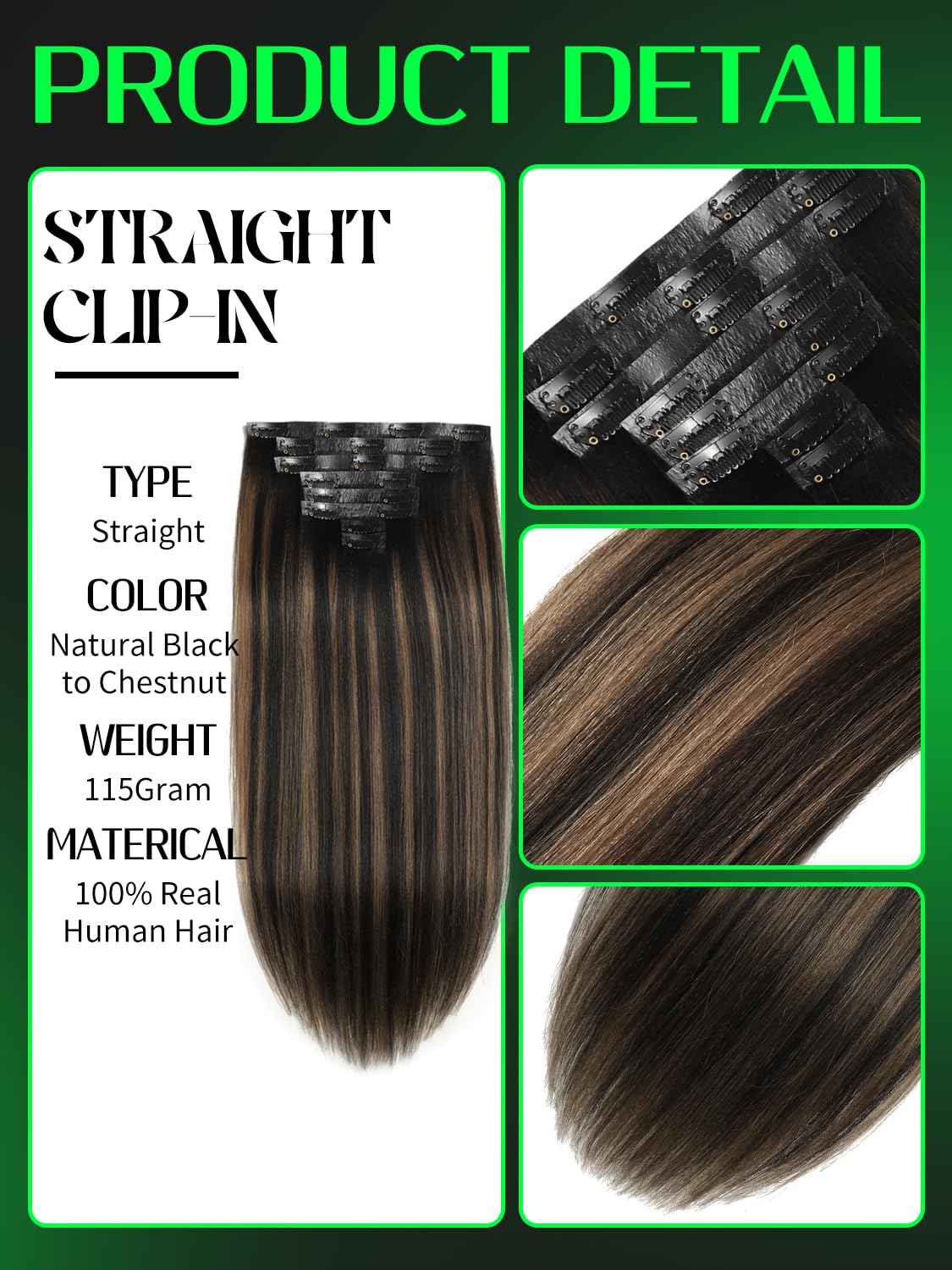 Anrosa Yaki Straight Clip in Hair Extensions Real Human Hair PU Clip Natural Black to Chestnut Brown for Black Women 18 Inch 115g 8pcs