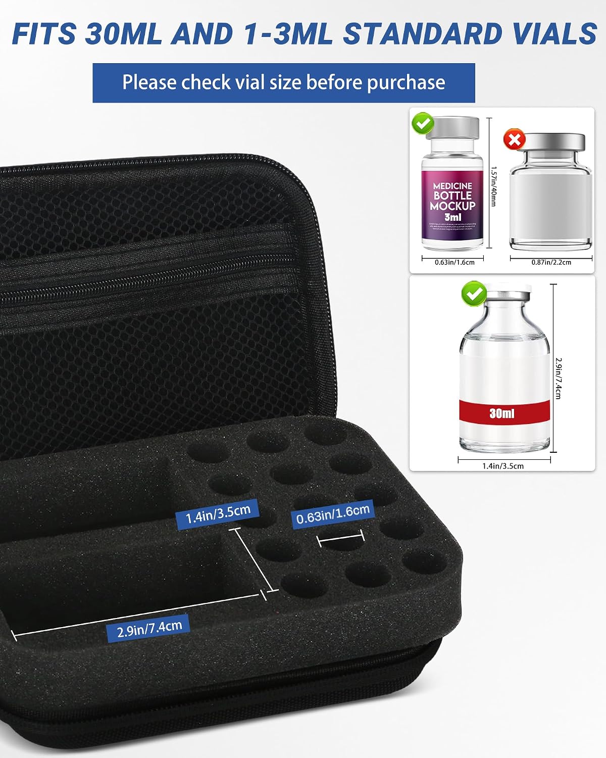 17 Slots Dual-Size 30ml and 3ml Peptide Case, BAC Water and Insulin Vial Case, Peptide Storage Case for Fridge and Travel, Fits Standard Vials (Case Only)