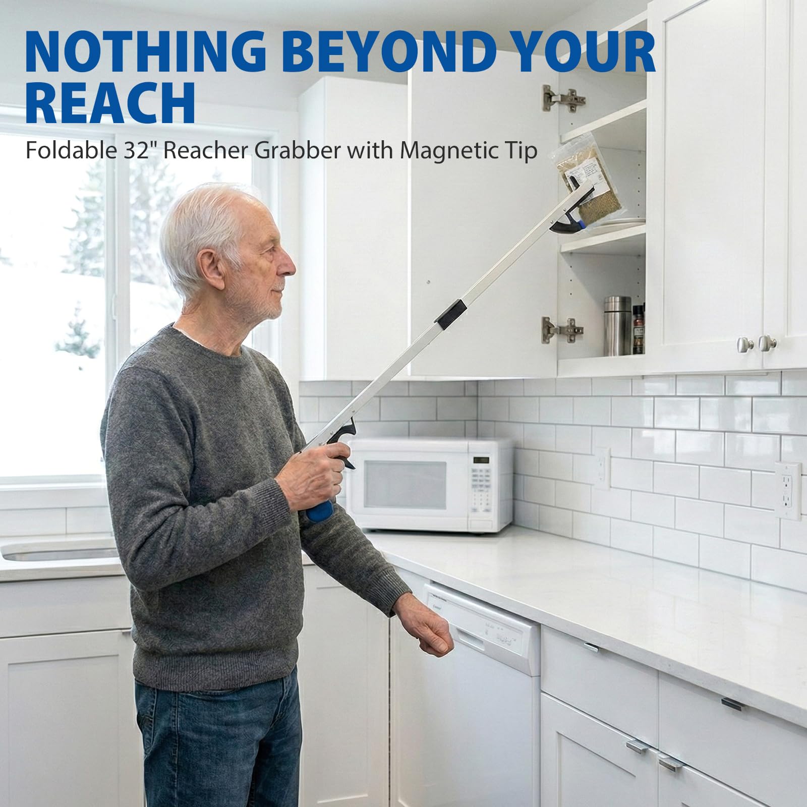 Blue Jay An Elite Healthcare Brand Nothing Beyond Your Reach Składany chwytak Reacher Długie narzędzie ręczne ze składanym uchwytem z magnetyczną końcówką | Długi ręczny uchwyt 81 cm