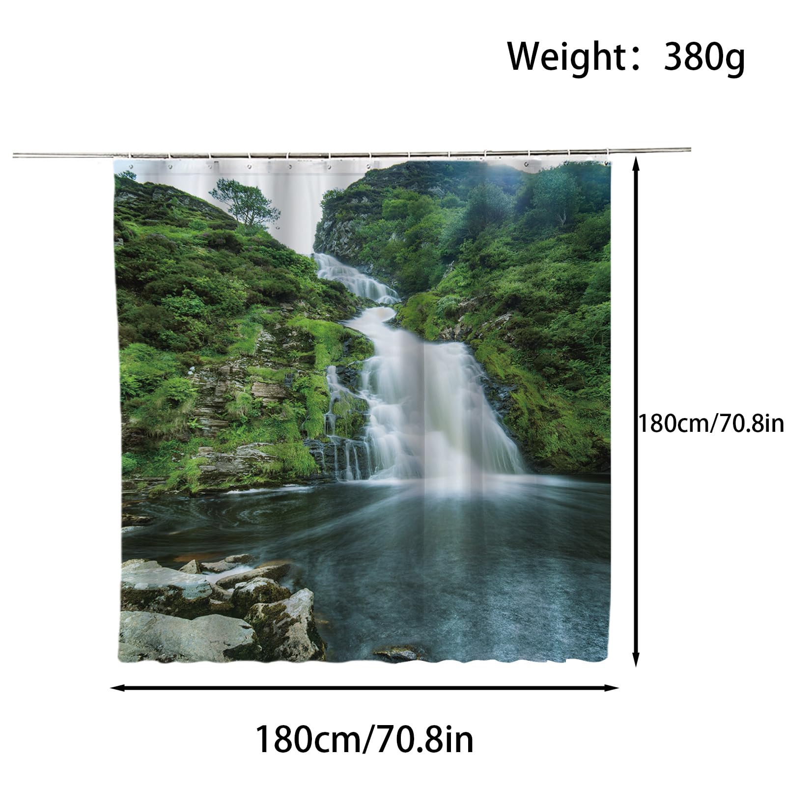 FAIRYGATE Shower Curtains Scenery Shower Curtain Green Lake Summer Waterfall in Forest Woodland Nature Jungle Scenery Waterproof Shower Curtain Bathroom Decorative 180x180cm B8522 - Image 2