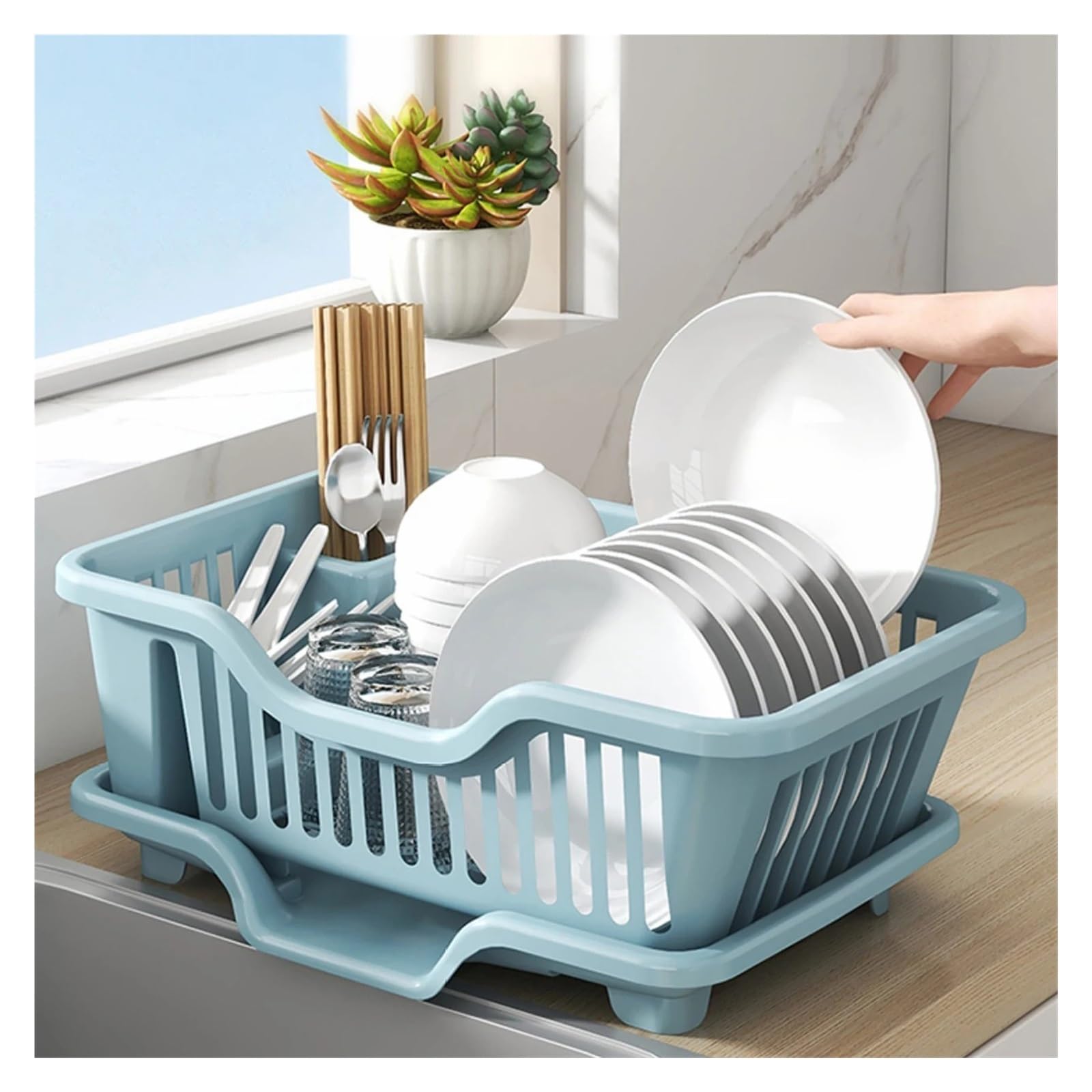 Abtropfgestell For Abtropffläche In Der Küche | Geschirr-Organizer mit Abtropfschale for Teller, Schüsseln, Essstäbchen und Löffel(White)
