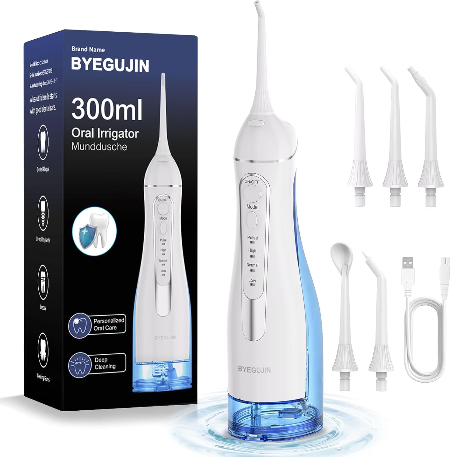 Professional Cordless Water Flosser for Teeth Cleaning 4 Modes & 4 Jet Tips USB-C Rechargeable & IPX7 300ML Waterproof Portable Oral Irrigator for Home & Travel Use