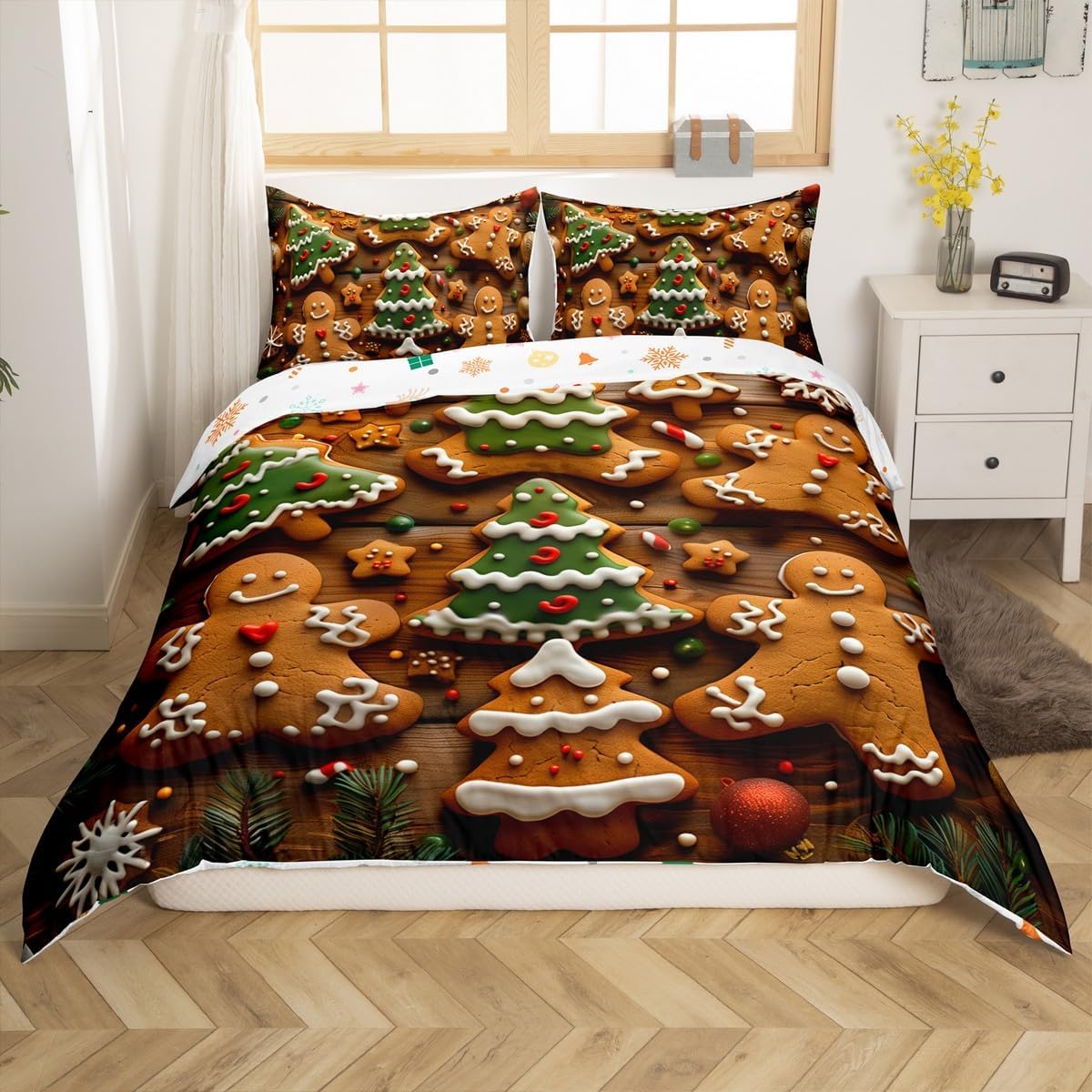 Gingerbread Man Duvet Cover Set Queen,Christmas Tree Abstract Art Bedding Set for Kid Boys Girls Room Decor,New Year Comforter Cover 3Pcs,Xmas Theme Retro Bedspreads Cover,2 Pillowcases(NO Comforter)