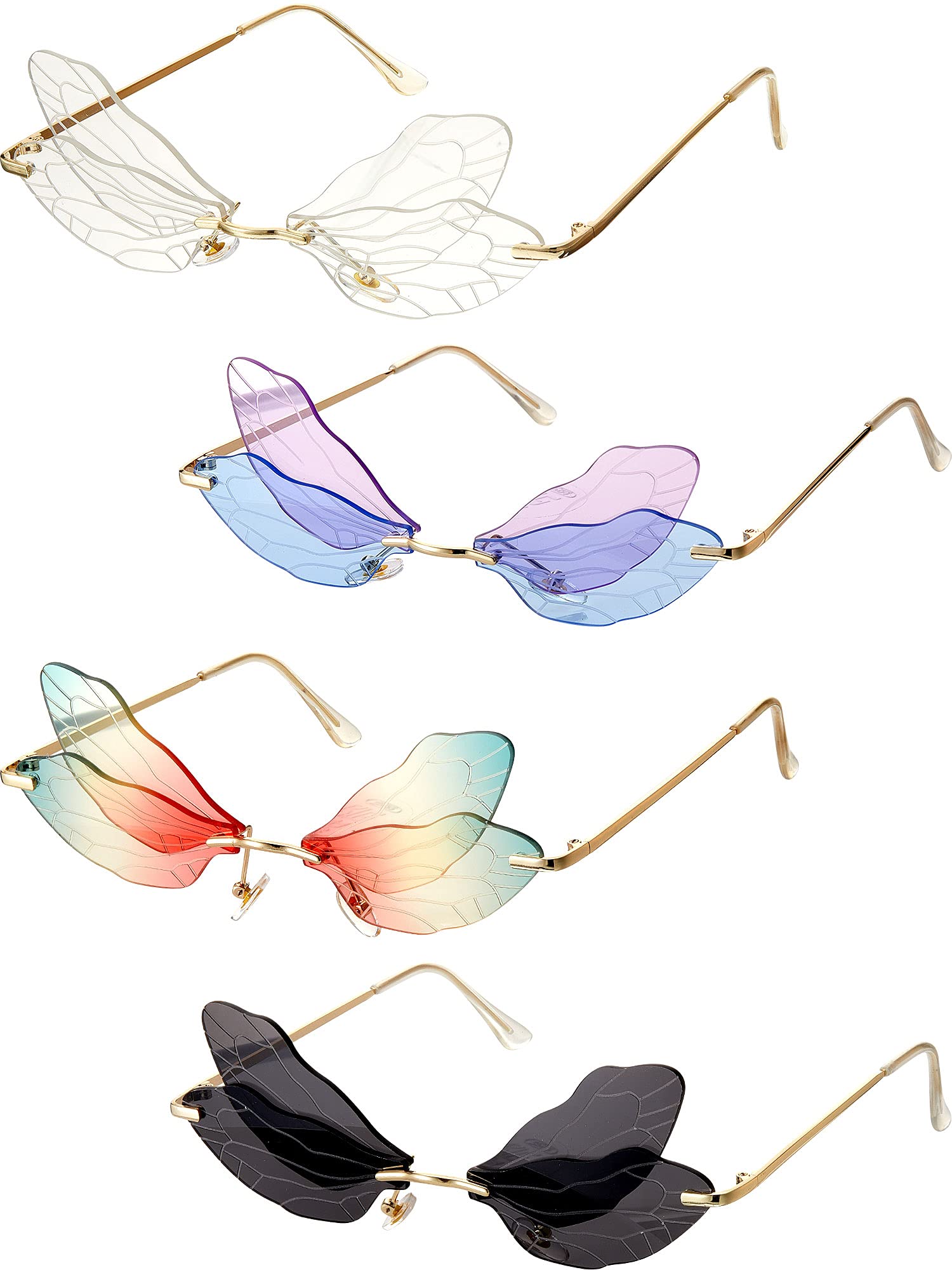 Frienda4 Pairs Dragonfly Rimless Sunglasses Fairy Wing Shaped Frameless Irregular Vintage Eyewear for Women Men Party, Cute Colors, average size