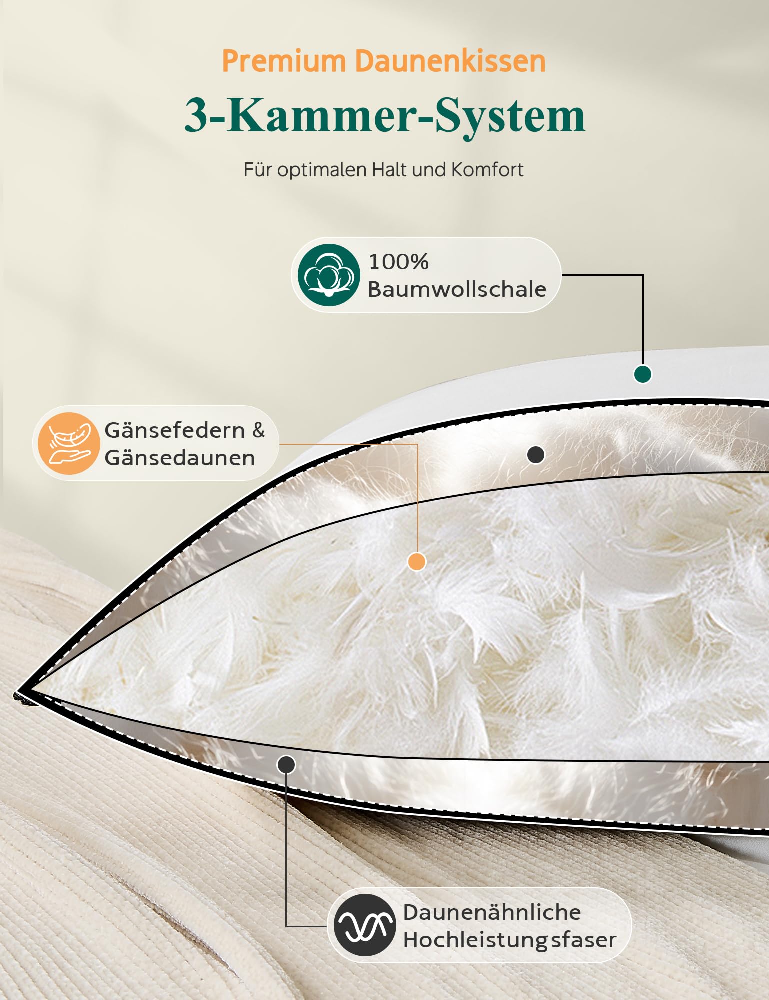 APSMILE Daunenkissen 40x80 Federkissen mit 3 Kammer Füllung - Luxus Daunenkissen zum Schlafen, Kopfkissen 40x80 Daunen Kissen 100% Bio-Baumwollbezug, weich & stützend (Weiß,2er Stück)