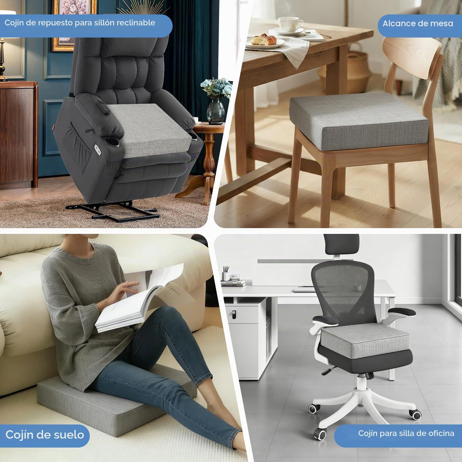 LIROPAU Juego de 2 cojines de asiento para silla, cojines de espuma viscoelástica de doble capa, cojín elevador, cojín grueso para tumbonas, sofás, sillones, extraíbles, 50 x 50 x 12,7 cm, gris