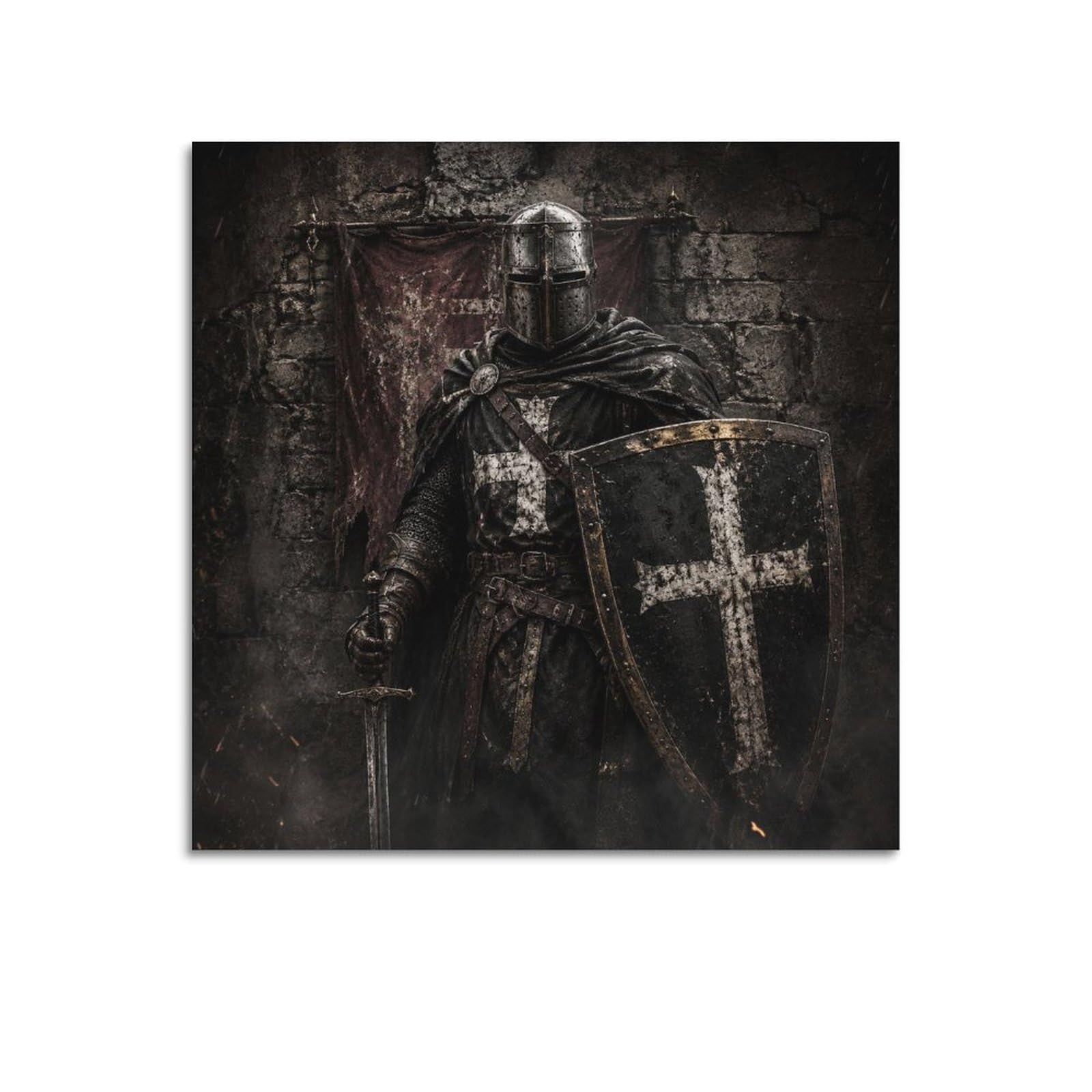 XKUGA Teutonic Knight Vintage Shield Poster Gothic Stone Cross Armor Modern Decorative Canvas Prints - Ideal Wall Art for Family, Man Cave, Game Room, Boys & Girls Bedroom 16x16inch(40x40cm)