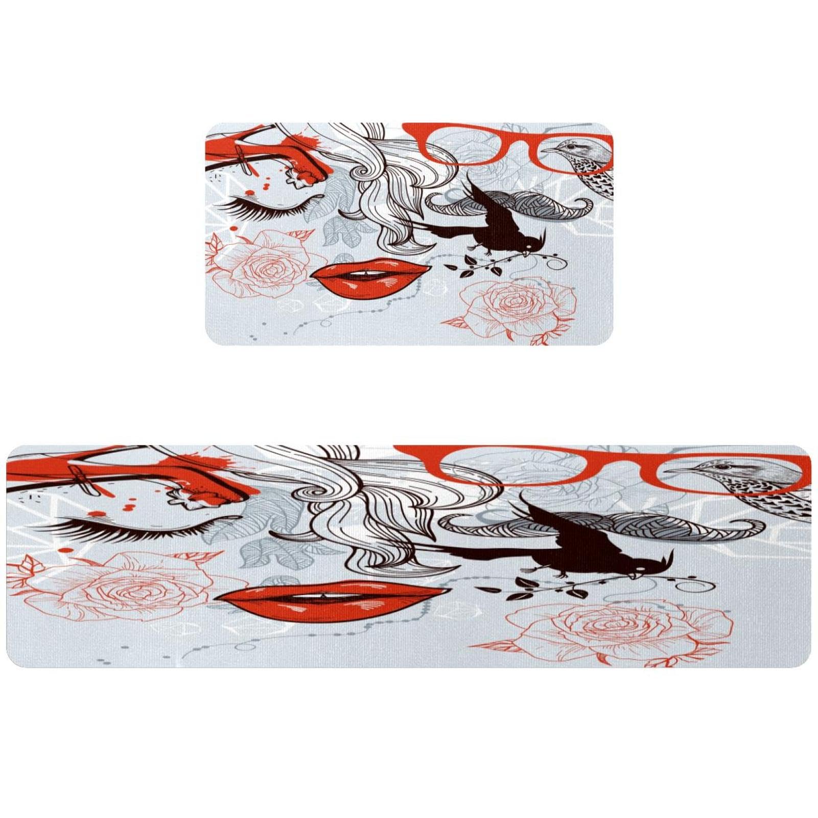 Alfombrillas de cocina de ilustración de pájaro y rosa set decorativo lavable de dos piezas