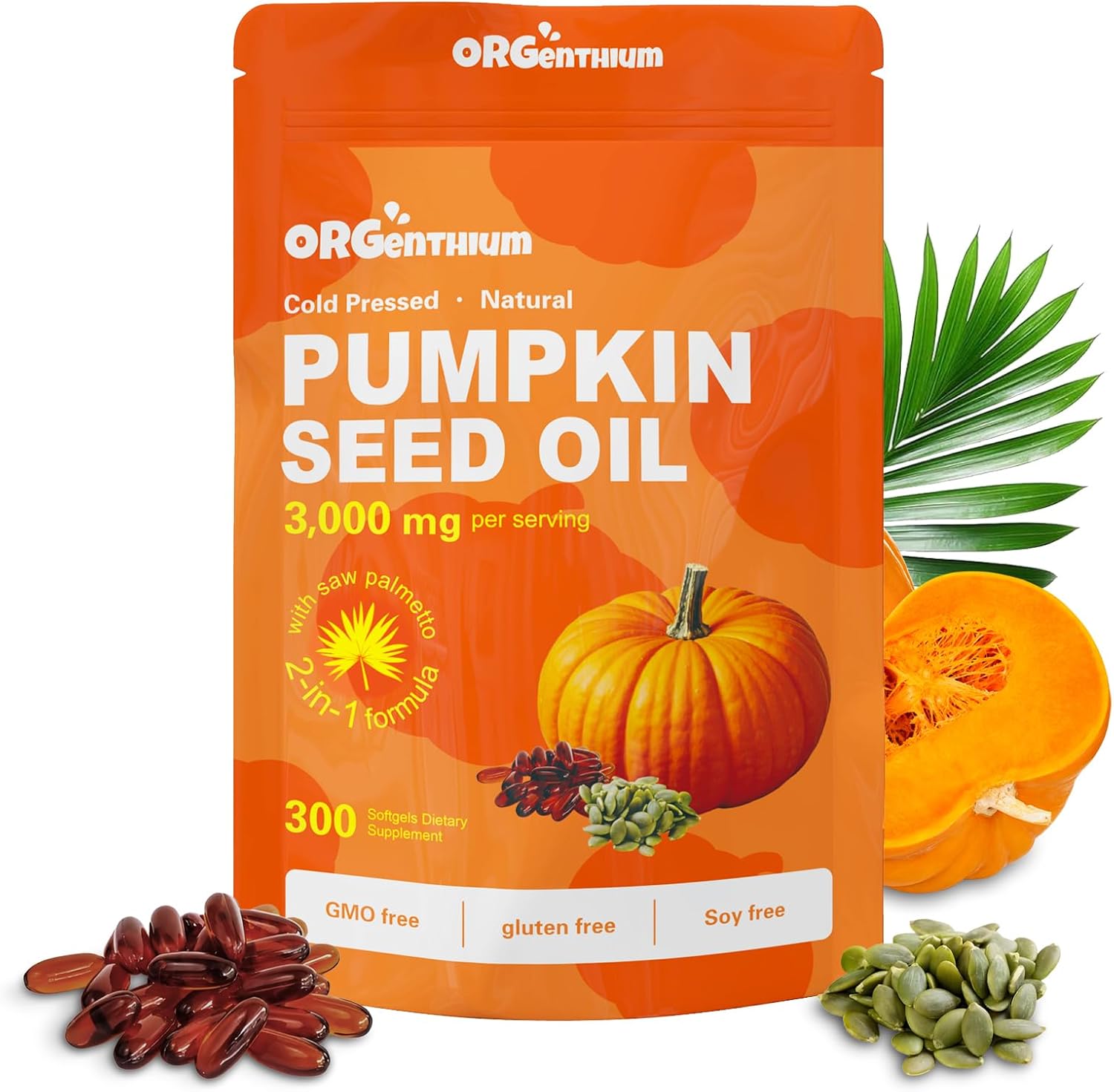 Pumpkin Seed Oil with Saw Palmetto, 3000mg Per Serving, 300 Softgels | Cold Pressed, Pure Virgin Oil, Essential Fatty Acids & Phytosterols | Supports Hair, Urinary, Bladder & Prostate Health | Non-GMO