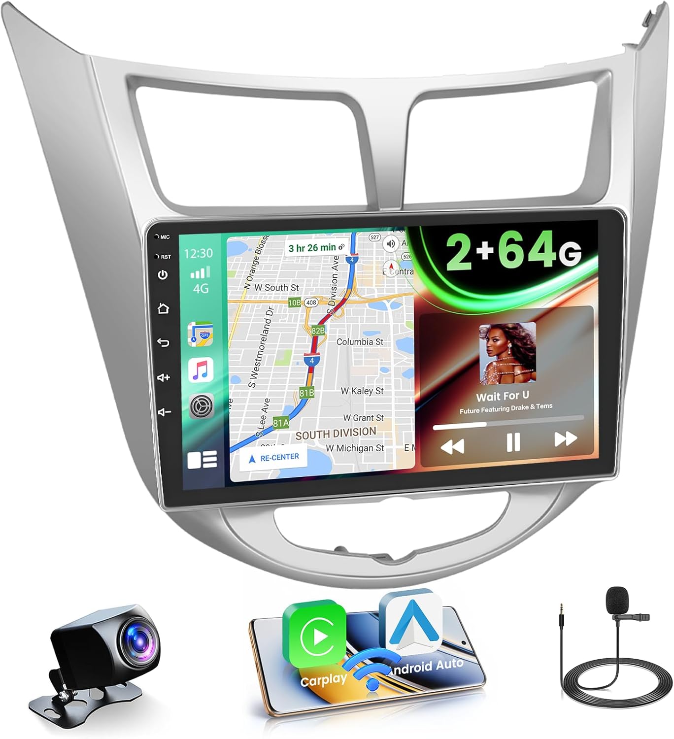 2+64GB Android Car Stereo for Hyundai Accent Verna Solaris 2010-2016 Wireless Carplay Android Auto, 9 Inch Touchscreen Car Radio GPS Navi WiFi Bluetooth Backup Camera FM RDS Radio EQ SWC