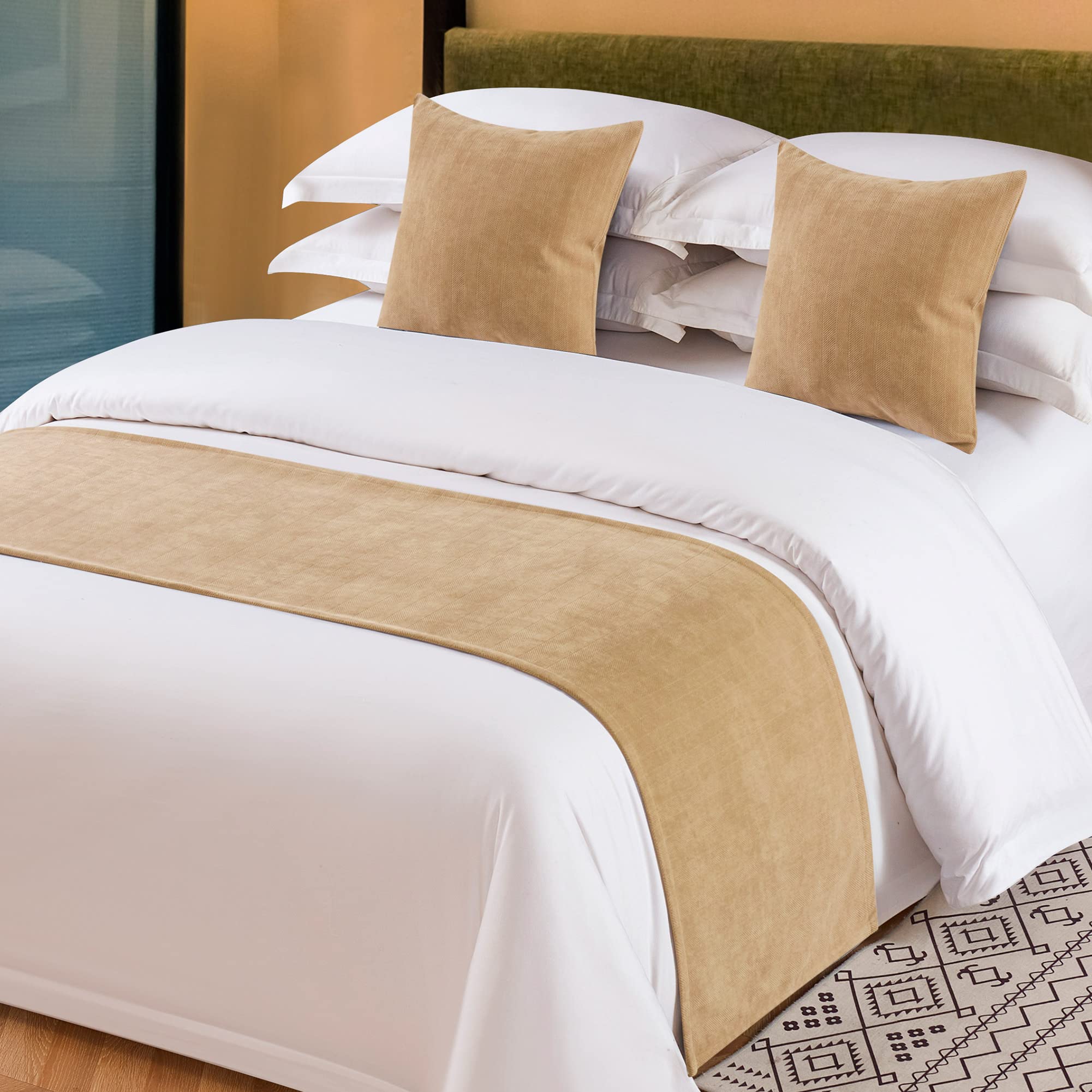 Chemin De Lit Chenille Beige 210x50cm - Décoration Lit Vintage | Couvre-lit Hôtel Maison Résistant