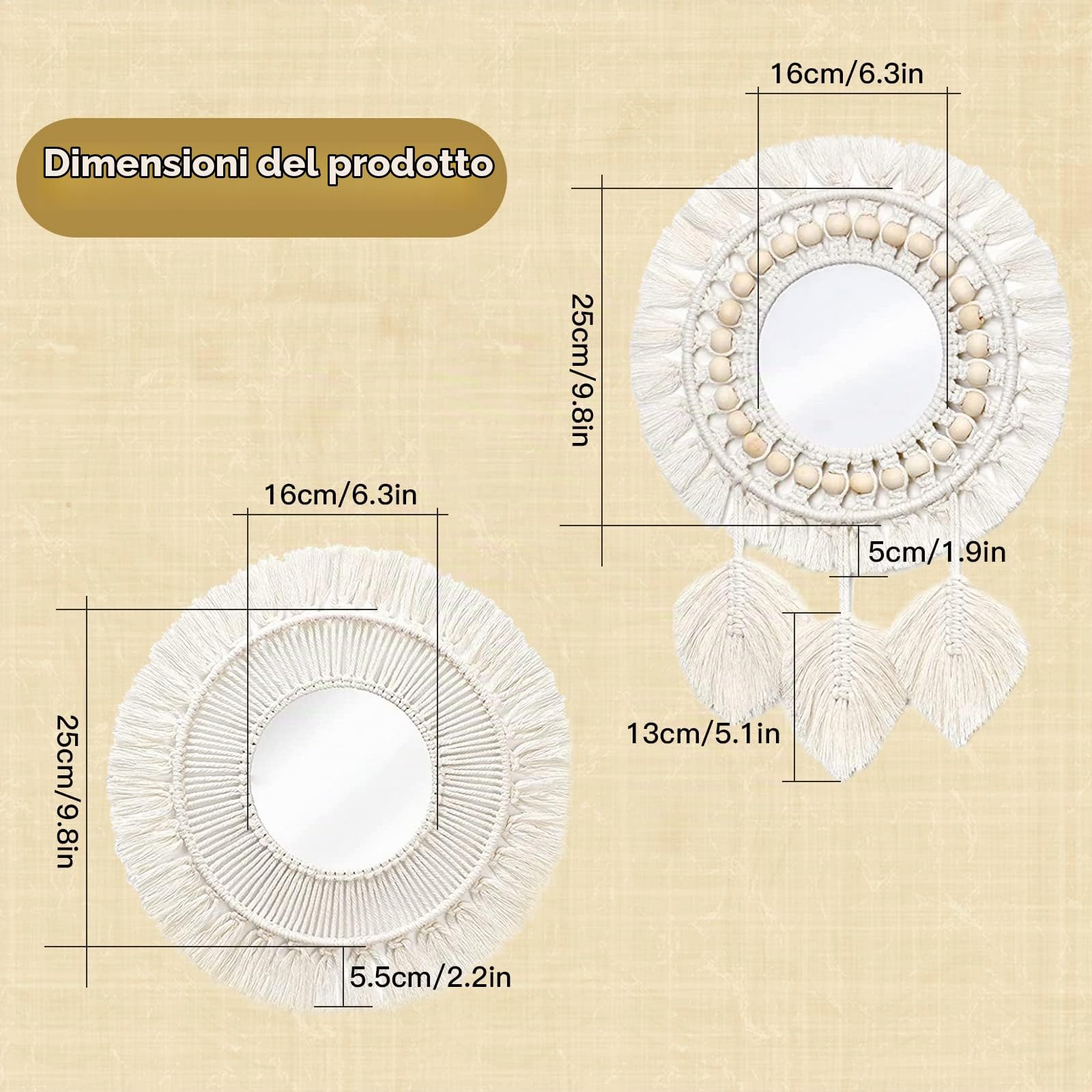 2 Pezzi Specchio da Parete in Macramè con Frange Tessute, Sospeso Boho Mirror Art Decor Macrame Fringe in Legno, Specchio Decorativo Rotondo da Appendere per Appartamento Soggiorno Camera da Letto
