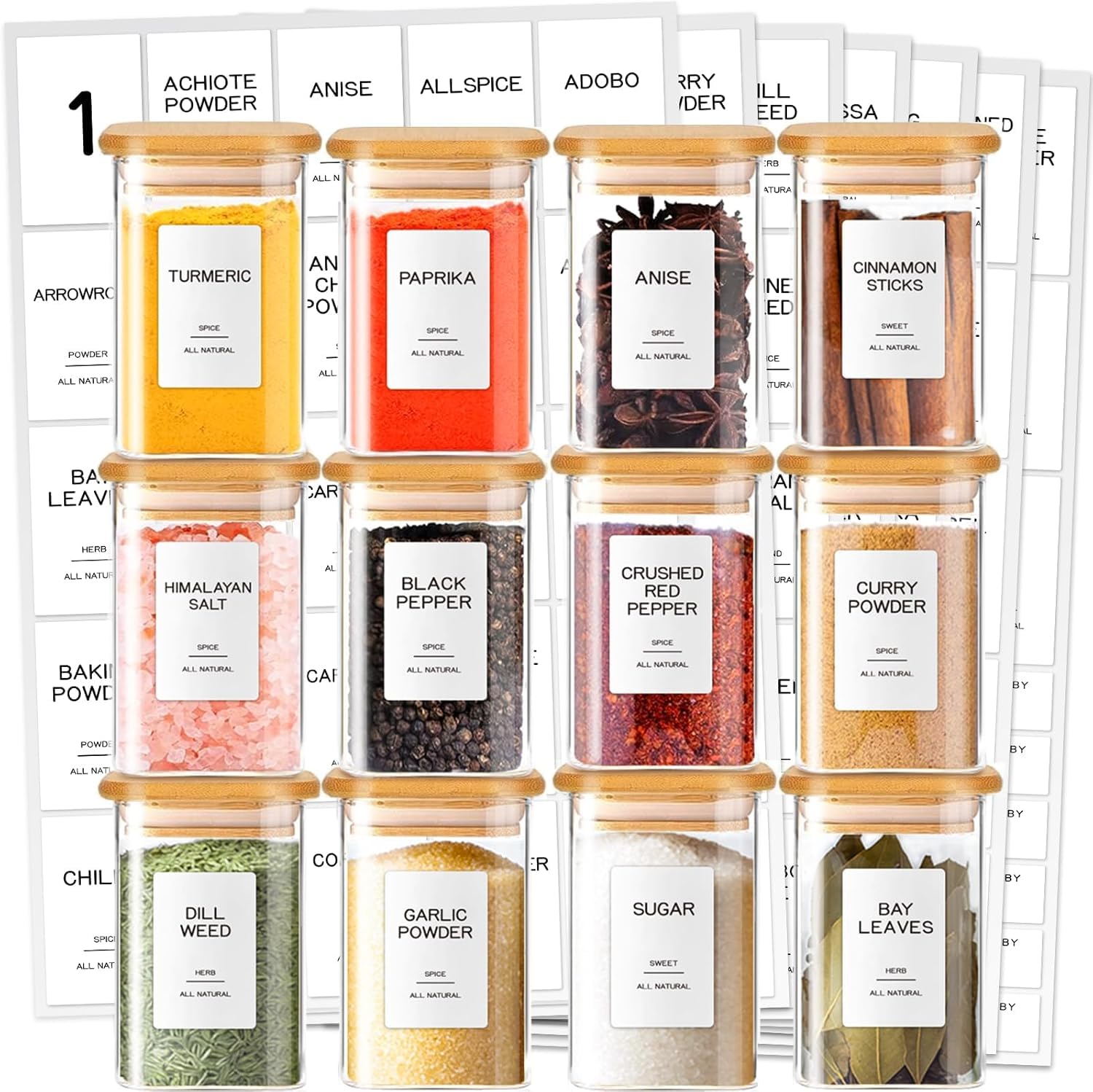 AOZITA 24 Pcs Glass Spice Jars with White Printed Spice Labels - 4oz Empty Square Spice Bottles - Shaker Lids and Airtight Metal Caps - Silicone Collapsible Funnel