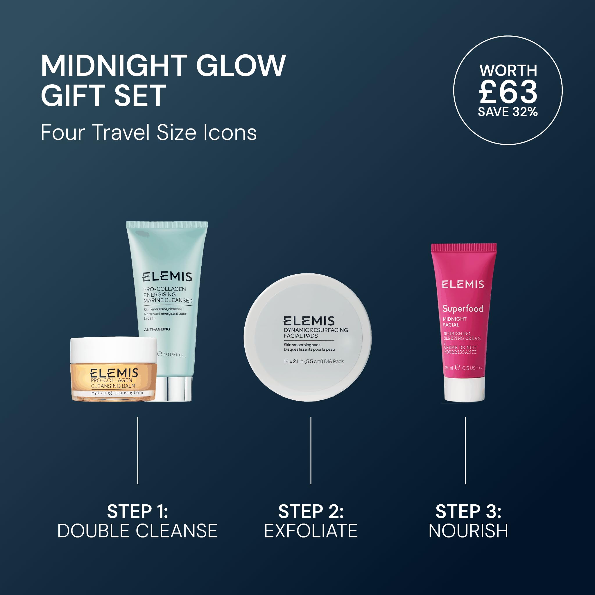 ELEMIS Midnight Glow Coffret Beauté, Soins Visage Ritual Coffret Cadeau Femme - Baume Demaquillage, Nettoyant Visage, Exfoliant Peeling Visage & Creme de Nuit Vitamine C