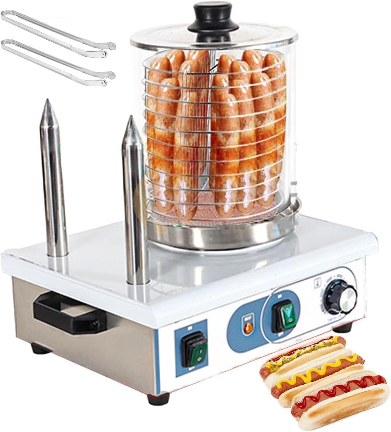 Hot Dog Steamer Electric Sausage Grill Machine, 50-200°C Hot Dog Groller Machine with Adjustable Temperature, Removable Heat Container for Party - With 2 Grill Tongs