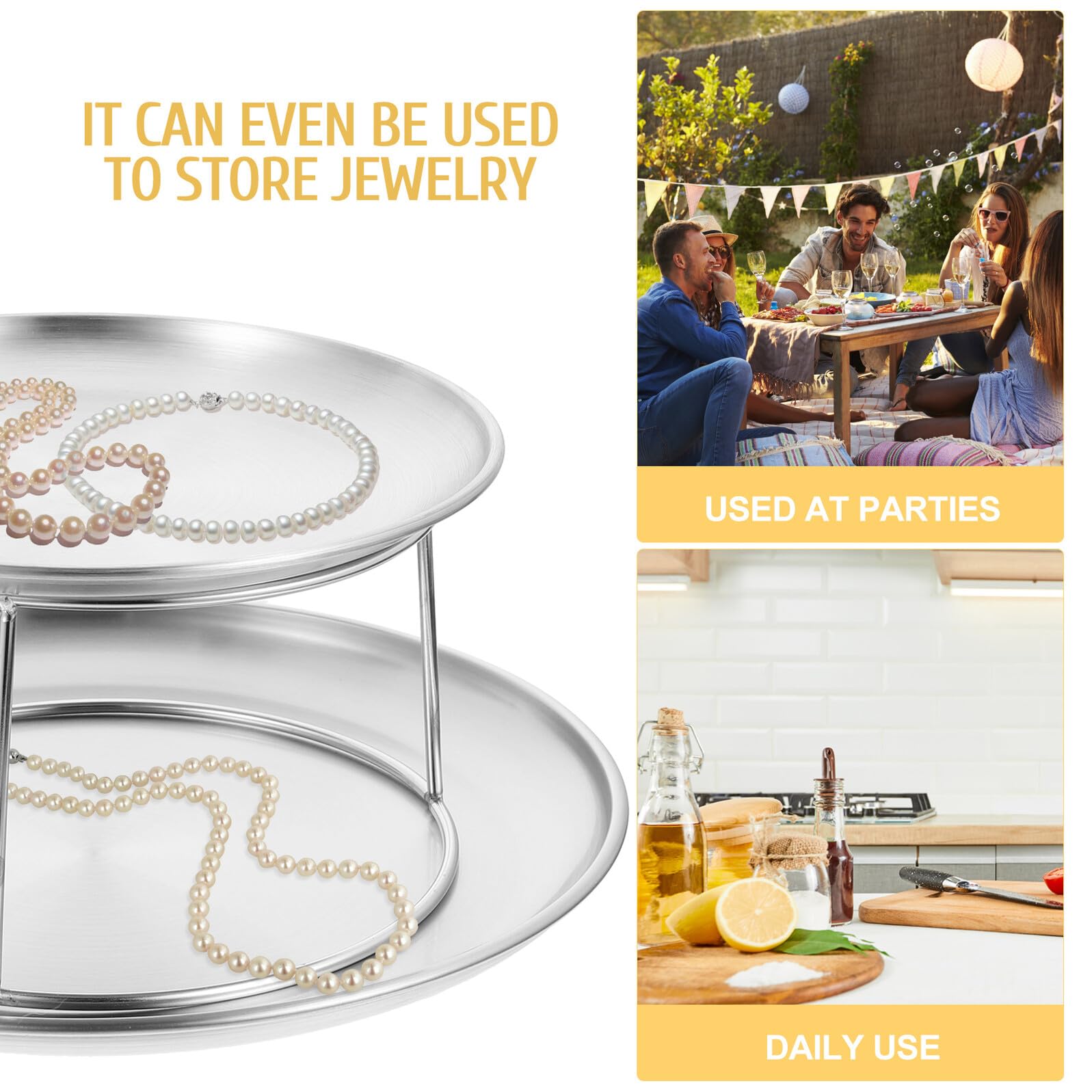 OUNONA Vassoio Portata Pratica e Resistente in Acciaio Inossidabile per Dolci Design Semplice e Chic a Doppio Strato Colore Argento Adatto per Feste di Matrimonio e Natale