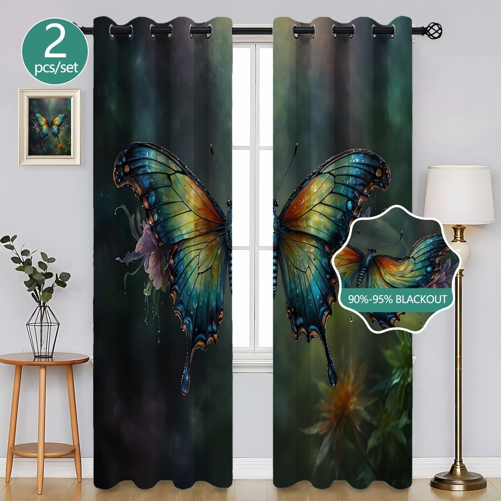 Genérico Niebieskie i zielone zasłony dekoracyjne motyl - termiczne nieprzezroczyste 2 sztuki 140x145cm, izolowane zimno/ciepło do salonu i sypialni z pierścieniami SA1183
