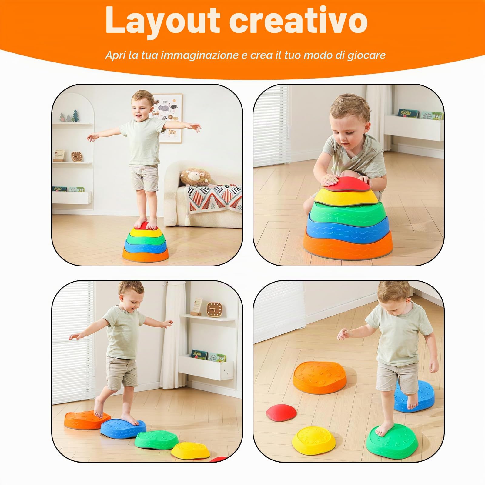 Pietre di Bilanciamento Bambini, 5 Pietre di Equilibrio Antiscivolo Impilabili, Percorsi Sensoriali Bilanciamento Bambini, Giochi Ostacoli per Interni ed Esterni, Promuove l'equilibrio e Coordinazione