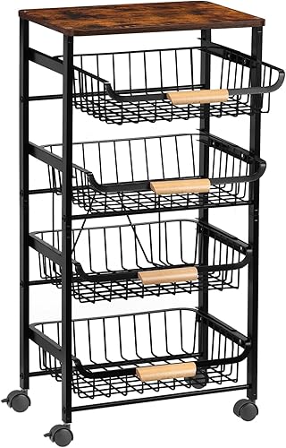 Carrito de almacenamiento de cocina con ruedas, carrito de metal de 4 niveles, cesta de malla con mesa de madera para almacenamiento de frutas,