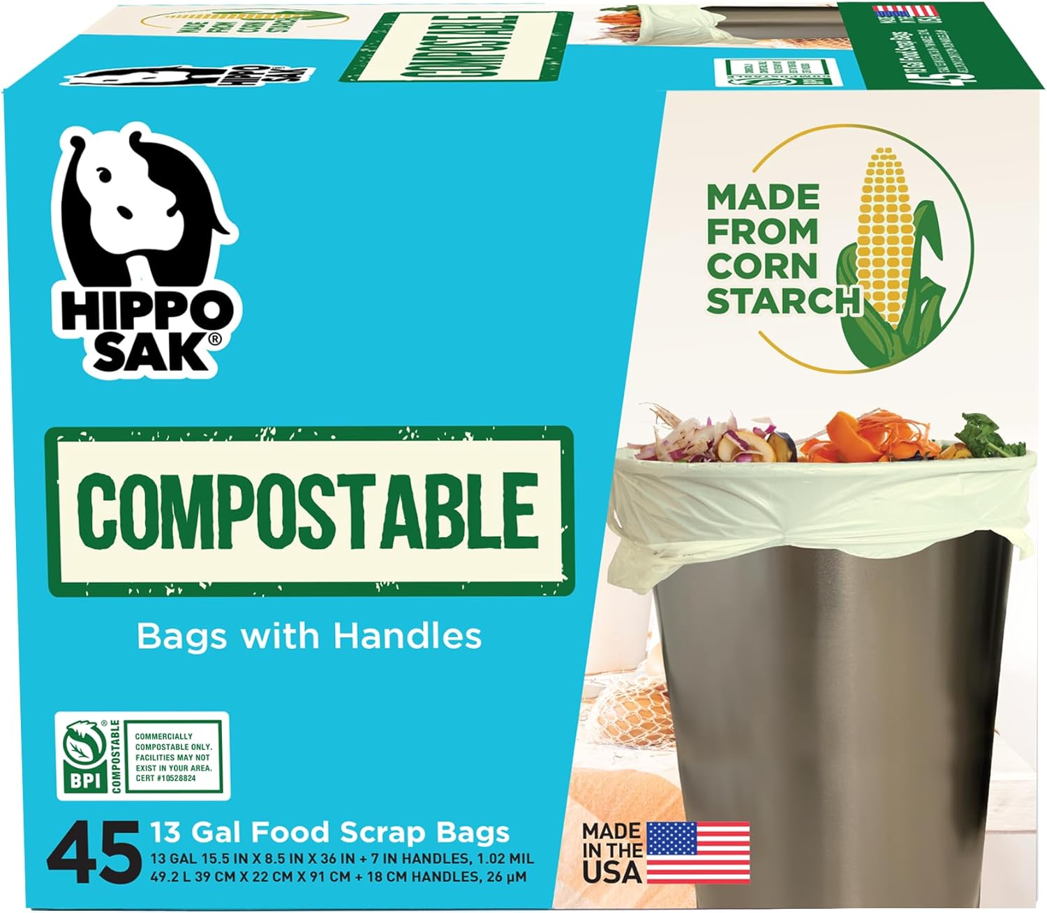 Hippo Sak – 13 Gallon Tall Kitchen Compostable Bags with Ergonomic Handles – Reinforced Bottom and Leak Proof Bags (45 Count)