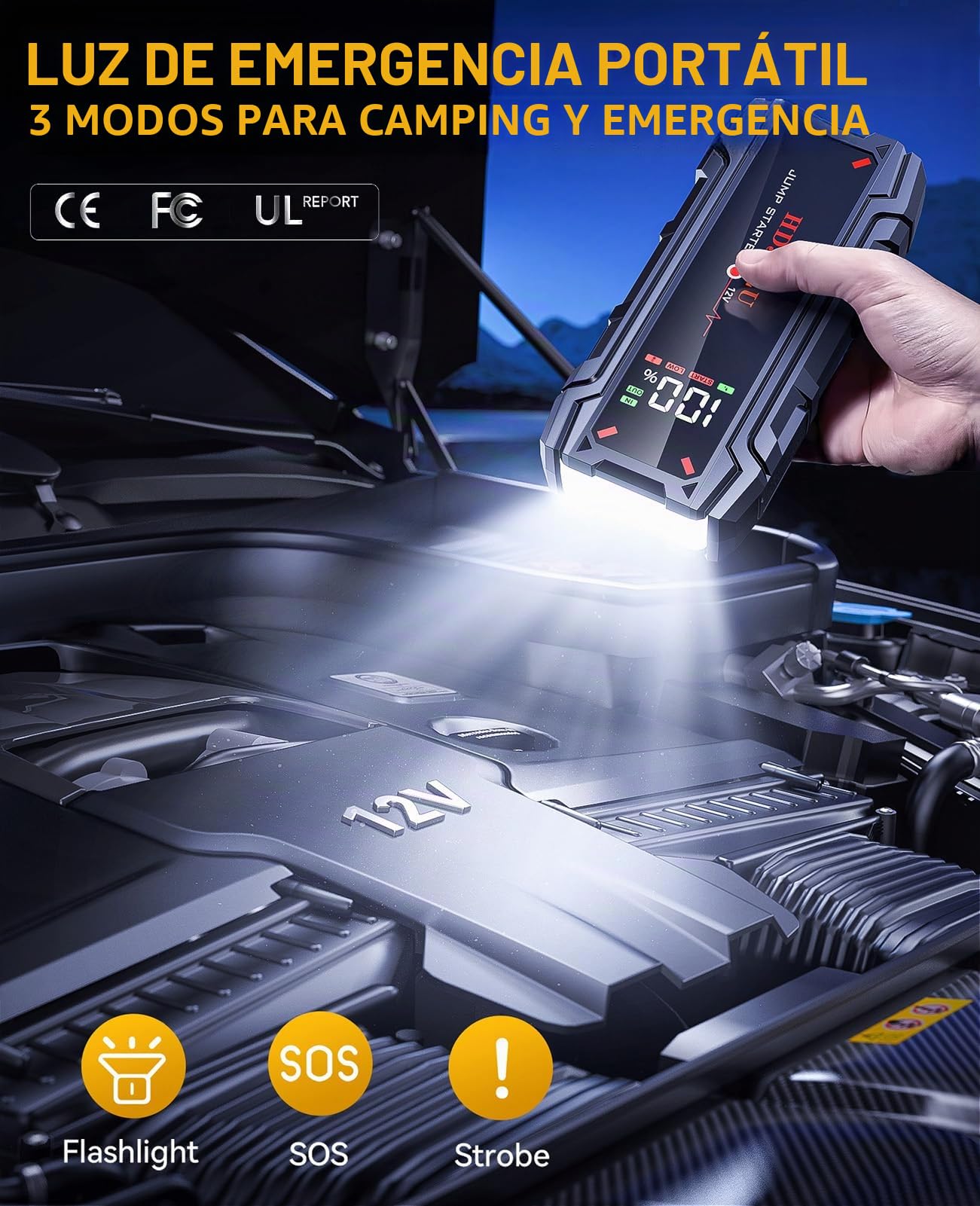 Batería de Arranque de Coche, 6000 amperios, Corriente portátil certificada, Gasolina 8l y Diesel 6l, Booster 12v, USB, LED para Camiones, caravanas y Barcos