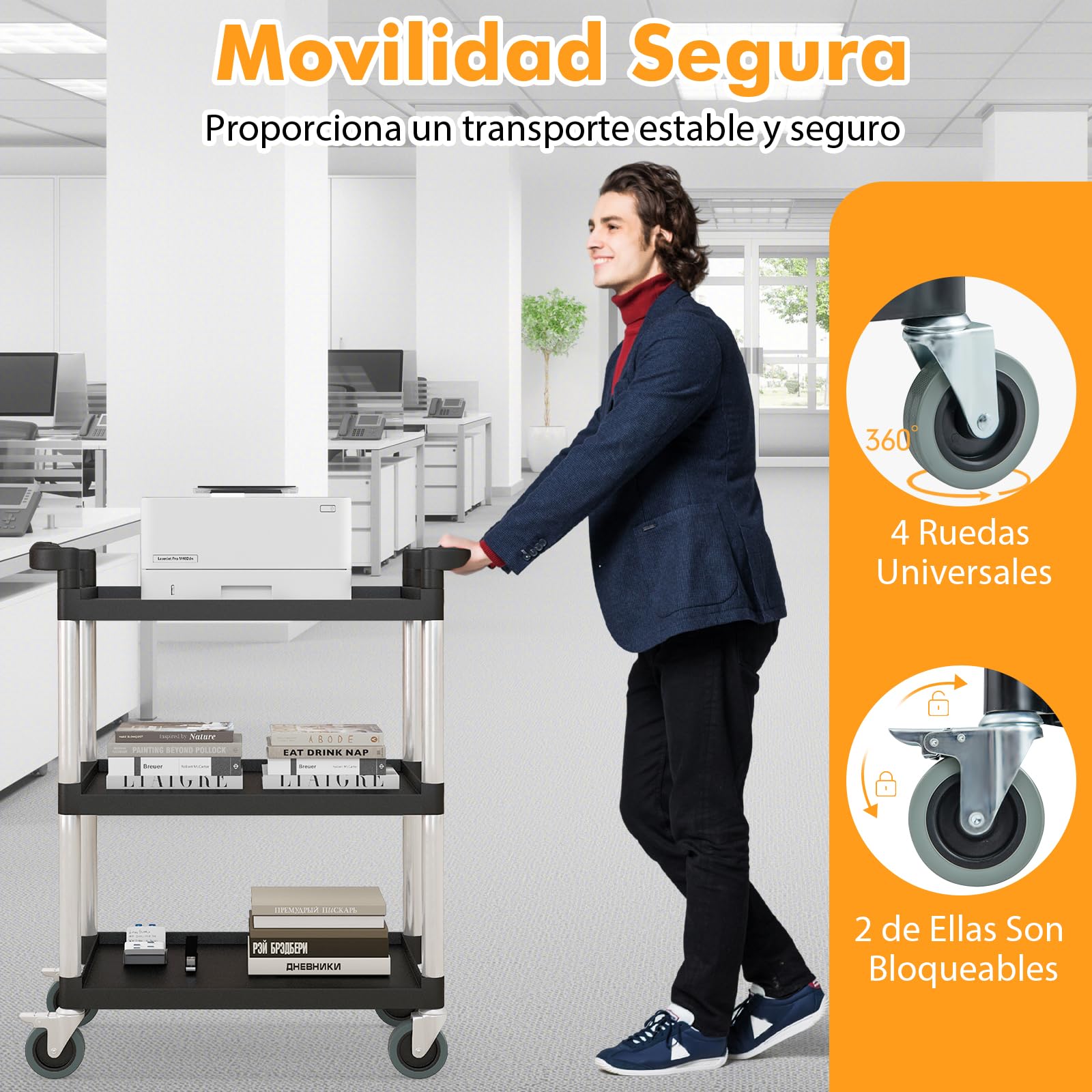 COSTWAY Carro Utilitario de 3 Niveles, Carro de Servicio con Ruedas Bloqueables y Asas Dobles, Marco de Aluminio Resistente, Carga Total 225 kg, Ideal para Almacén, Oficina, Cocina y Garaje