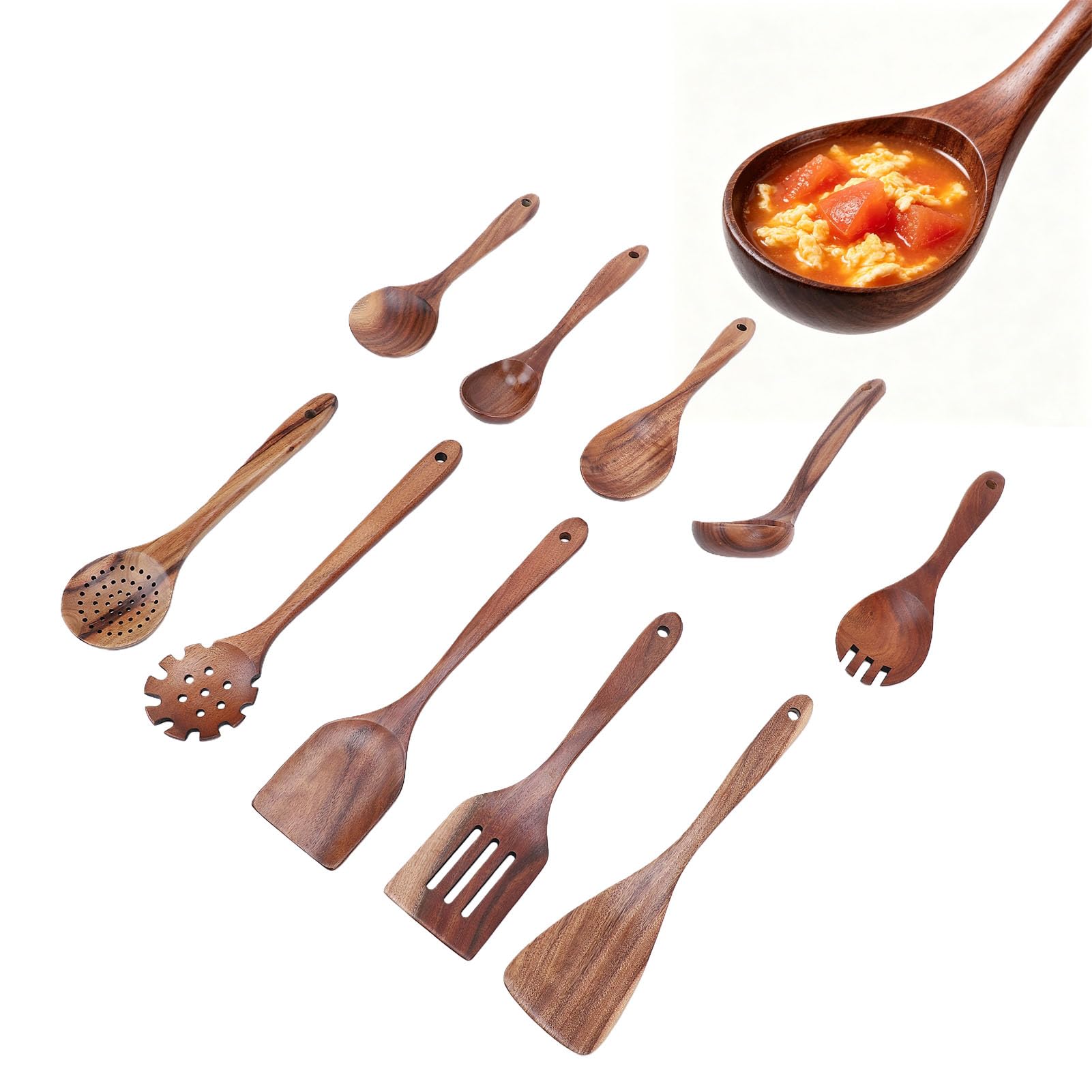Fockety CuillèRes En Bois Pour La Cuisine, Ensemble D'Ustensiles De Cuisine En Bois De Teck Avec Manche Ergonomique Pour Une Prise En Main Confortable, Ensemble D'Ustensiles De