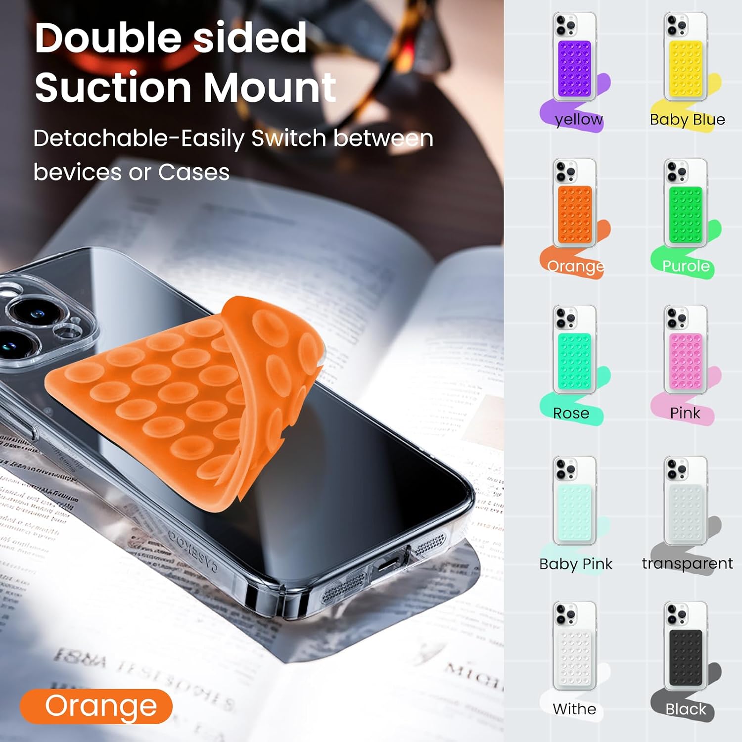 2 Pack Silicone Octo Cup Buddy Sticky Grip Holder for Cellphone, Double Sided Suction Phone Case Mount Phone Accessories Strong Grip Holder for Selfie and Video - Cosmic Orange