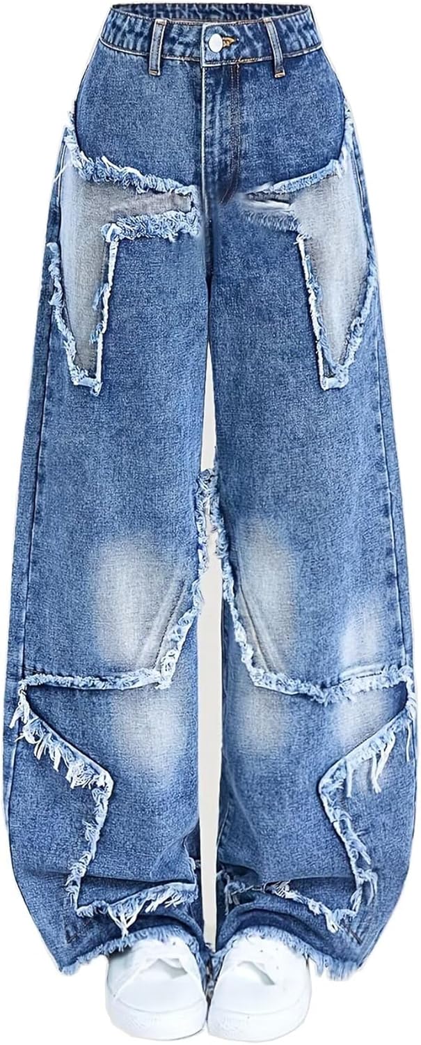 Girl's Wide Leg Jeans Baggy Y2K Star Patchwork Raw Hem Trendy Denim Pants
